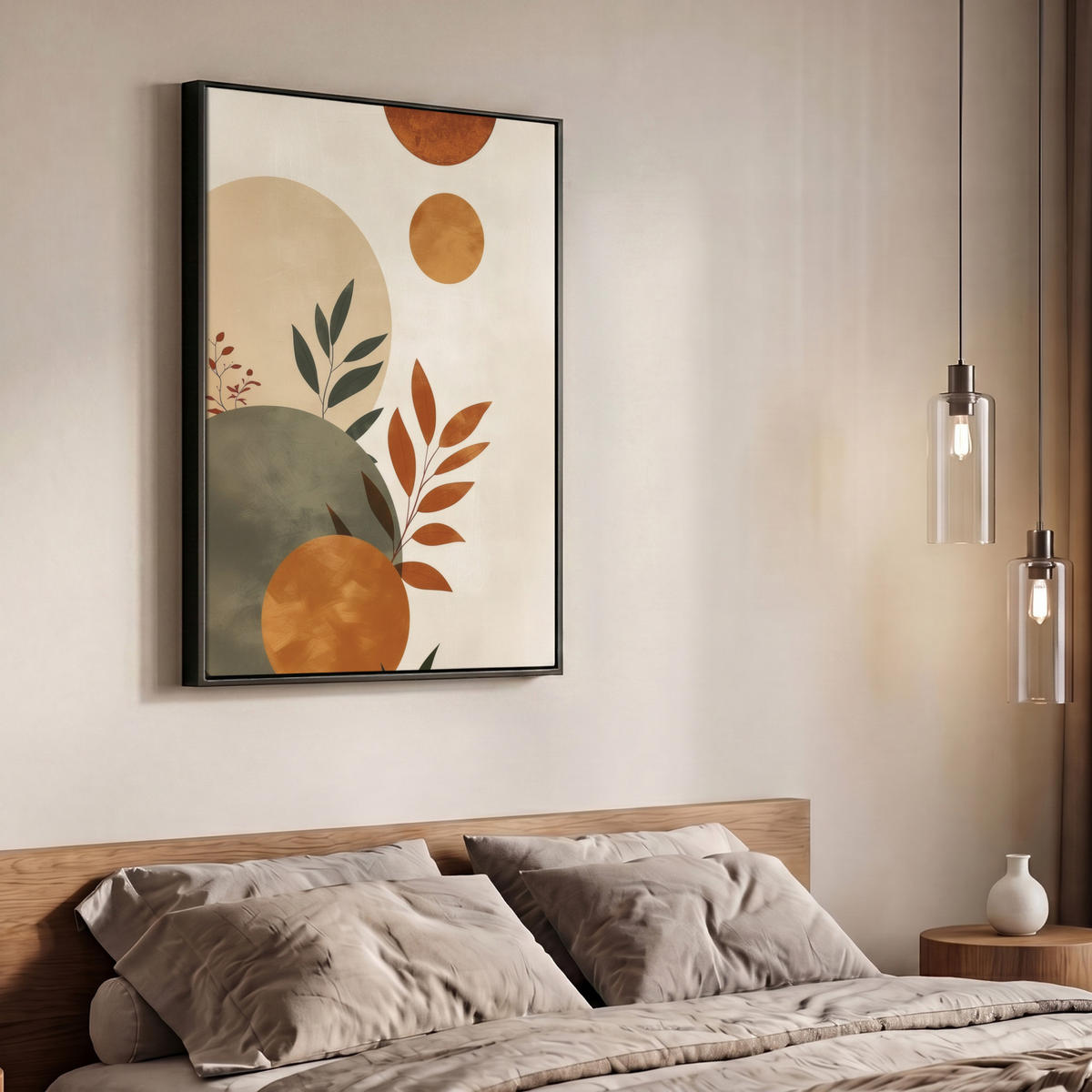 LEINWAND Bilder mit Rahmen - Formen - Rund - Blätter - Beige - 70x100 - Rostfarben, Textil (70/100cm) - MuchoWow