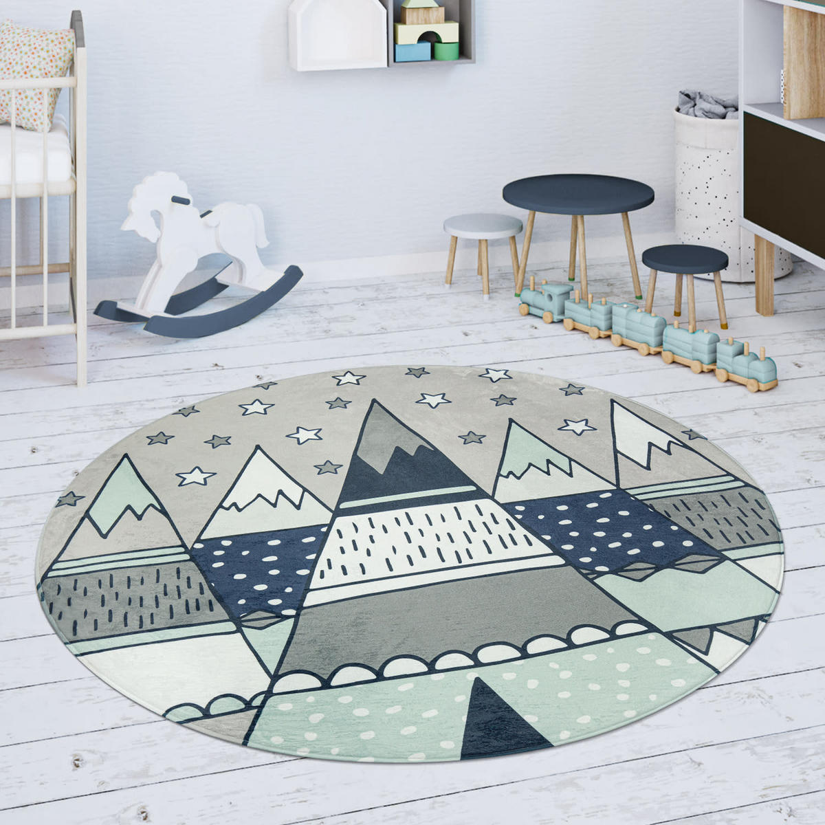 KINDERTEPPICH waschmaschinenwaschbar Berge Kinderzimmer schmutzabweisend Grau Rund 120D - Grau, Textil (120/120cm) - KADIMA DESIGN
