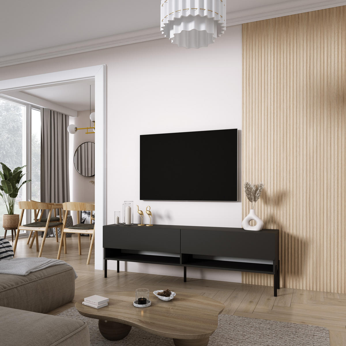 TV-LOWBOARD 170 cm Mattschwarz, gerade schwarze Beine, 170 × 32 × 52 cm - Schwarz, Holzwerkstoff (170/52/32cm) - 3XE LIVING