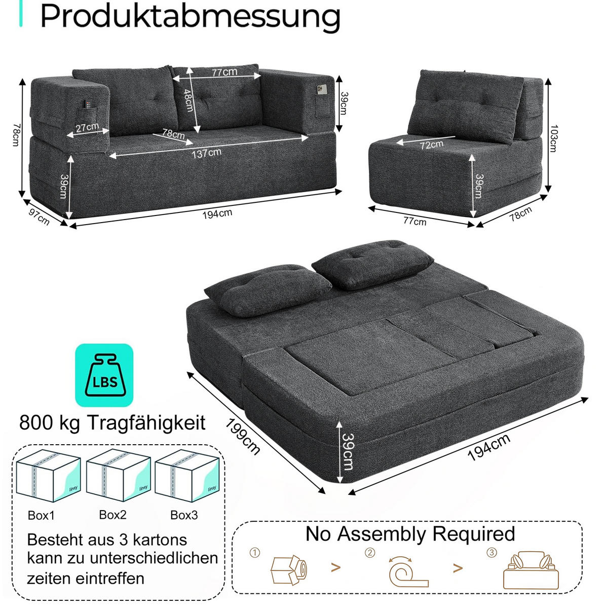 SCHLAFSOFA klappbar mit modularem Sessel, Memory-Schaum und Seitentaschen, Dunkelgrau - Dunkelgrau, Textil (199/39/194cm) - Redom