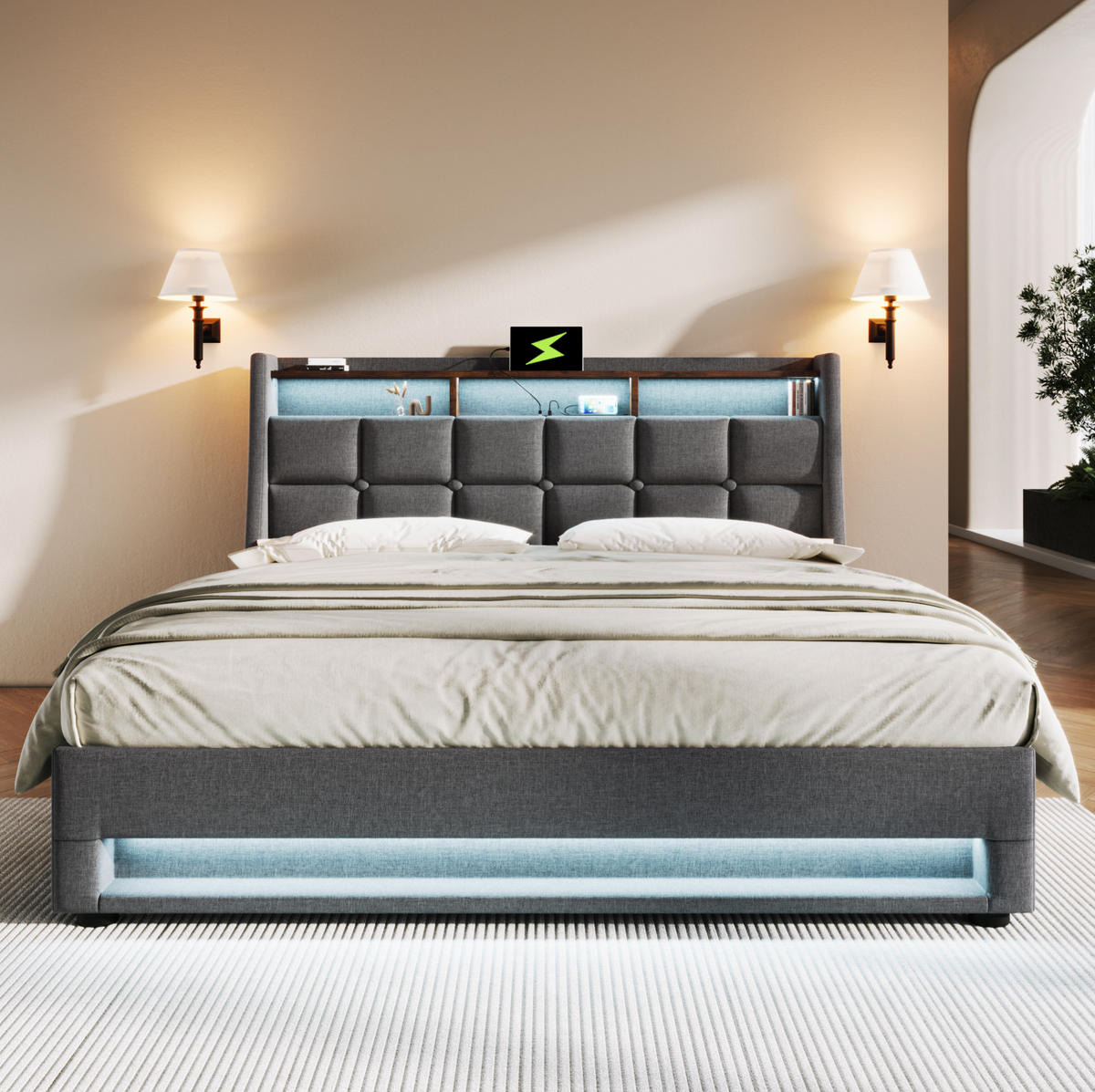 POLSTERBETT mit Stauraum und USB 160x200 cm Grau - Grau, Metall (160/200cm) - Meubliv