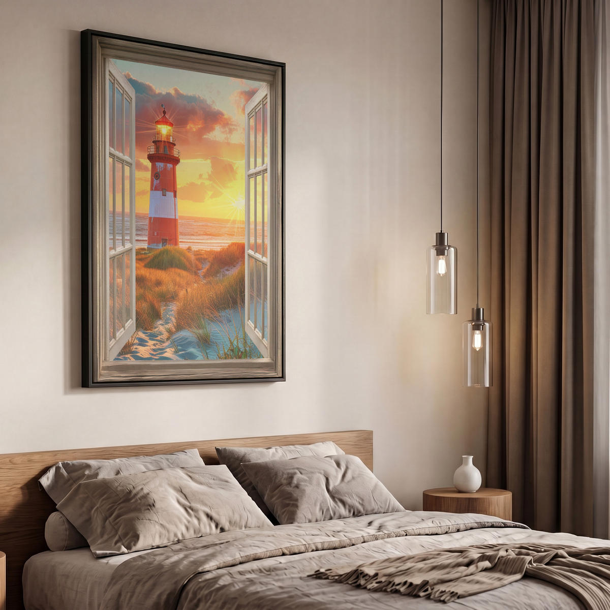 LEINWAND Bilder mit Rahmen - Aussicht - Fenster - Leuchtturm - Sonnenuntergang - Strand - 60x90 - Dunkelorange, Textil (60/90cm) - MuchoWow