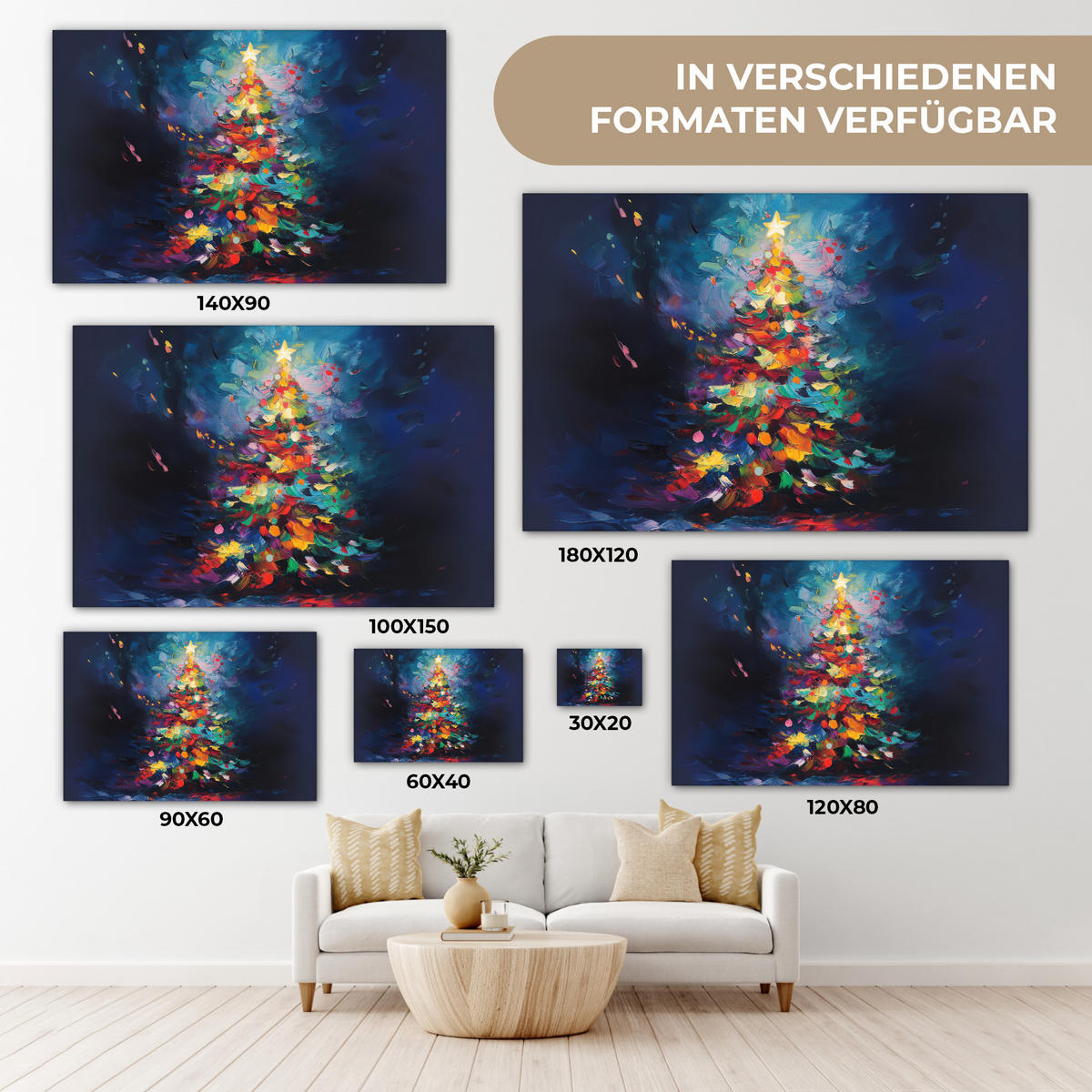 LEINWANDBILD Weihnachtsbaum - Weihnachten - Abstrakt - Farbenfroh Wanddeko 90x60 cm - Multicolor, Textil (90/60cm) - MuchoWow