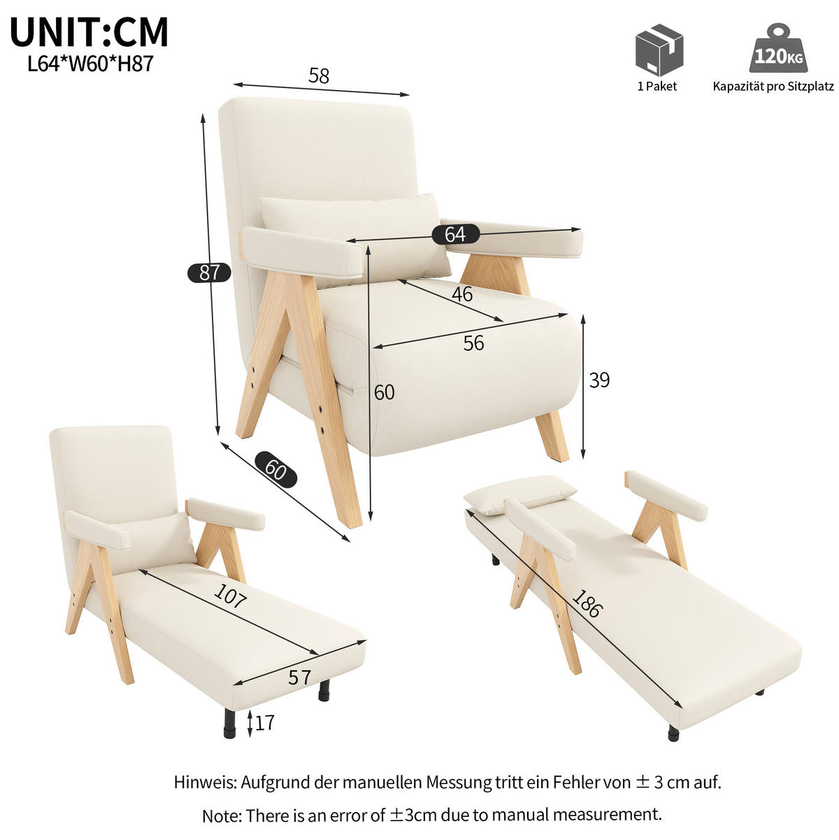 POLSTERSESSEL 87/64/60 cm mit Schlaffunktion und 6-fach verstellbarer Rückenlehne - Beige, Textil (87/64/60cm) - BEAOK