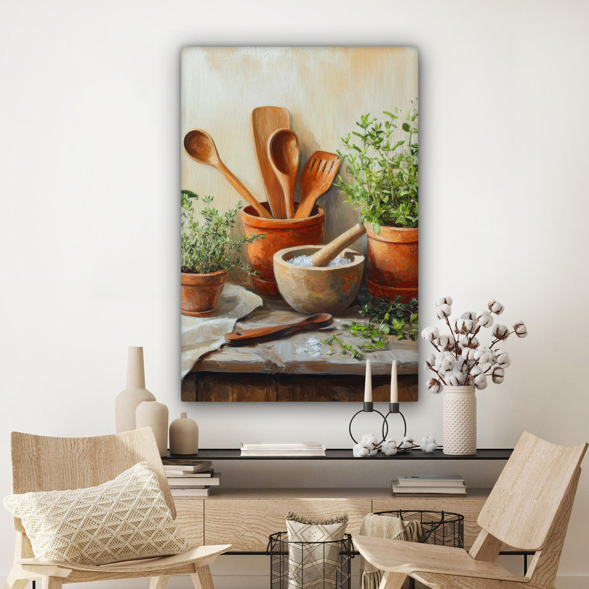 LEINWANDBILD Töpfe - Kräuter - Holz 90x140 cm - Terracotta, Textil (90/140cm) - MuchoWow
