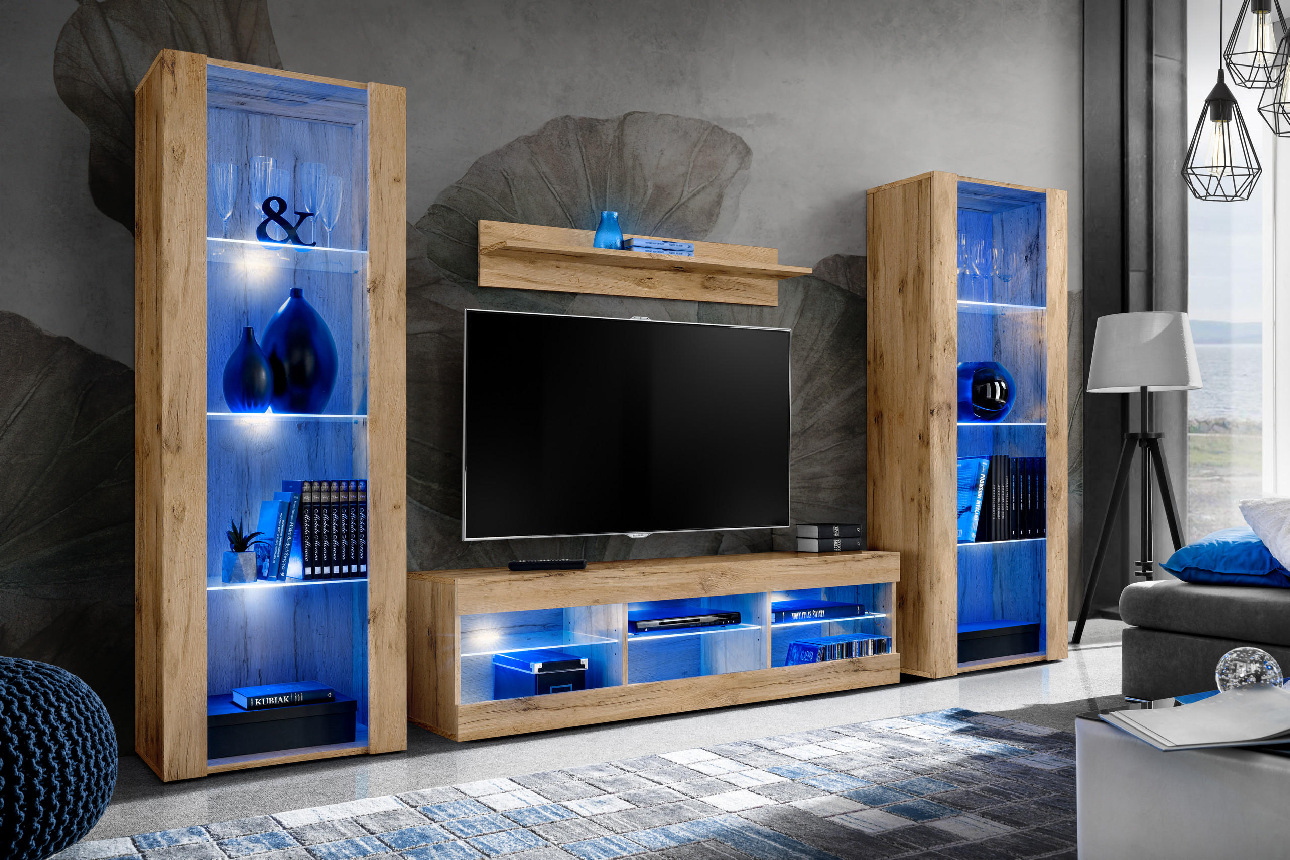 WOHNZIMMERSET TIVOLI GRANDE, 4er-Set, Eiche Wotan, LED Blau - Eiche Wotan, Glas/Holzwerkstoff (250/159/35cm) - Komodee