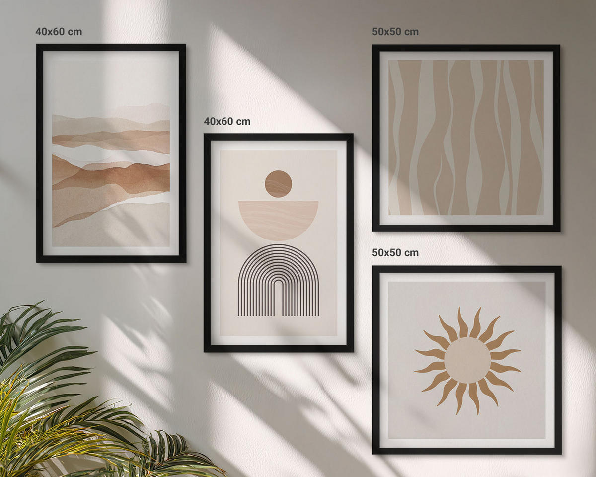 WANDBILDER 4er-Set - 50x50 cm & 40x60 cm Schwarzer Rahmen - Abstrakte Landschafts- und Naturgeometrie - Schwarz, Kunststoff (50/50cm) - ArtPrintCave
