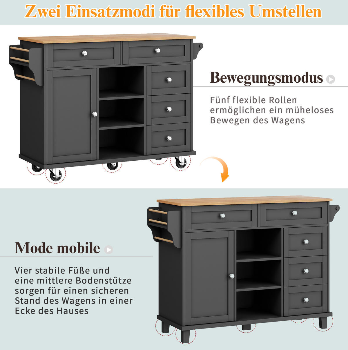 KÜCHENWAGEN aus MDF mit Schubladen & Fächern, 134/46/92 cm, Schwarz - Schwarz, Holzwerkstoff (134/92/46cm) - Redom