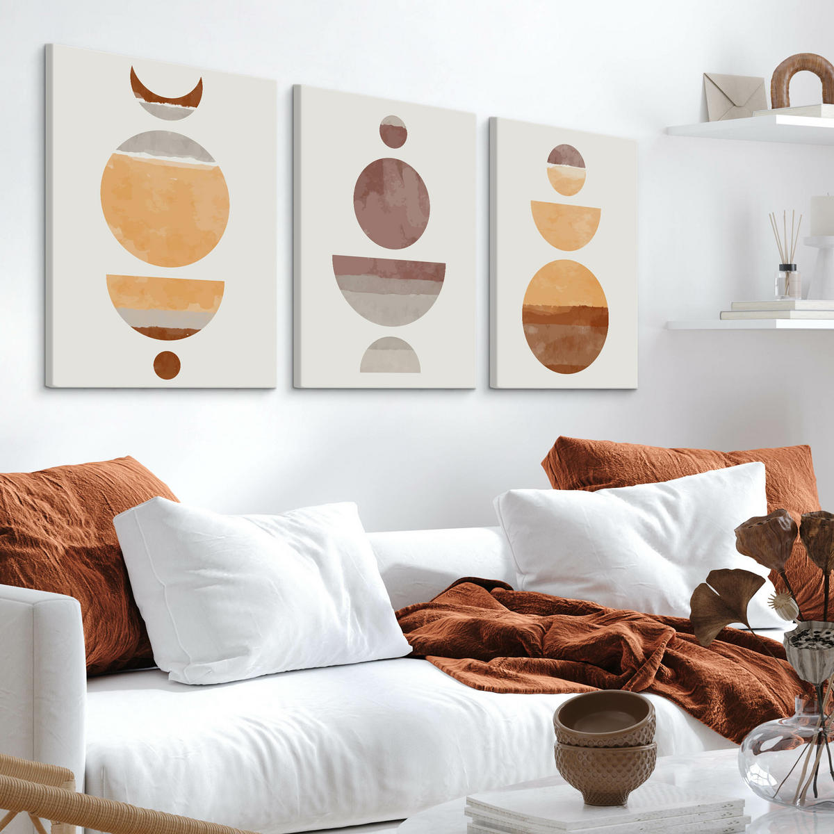 LEINWANDBILDER 3-er Set Aquarell Kreise - Beige/Rot, Textil (90/40cm) - Muralo