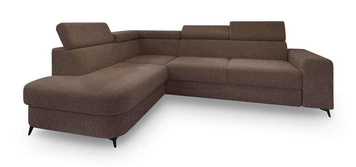ECKSOFA ALVORO L-S Braun Boucle-Stoff mit Schlaffunktion - Braun, Holz (253/190cm) - MASSENO