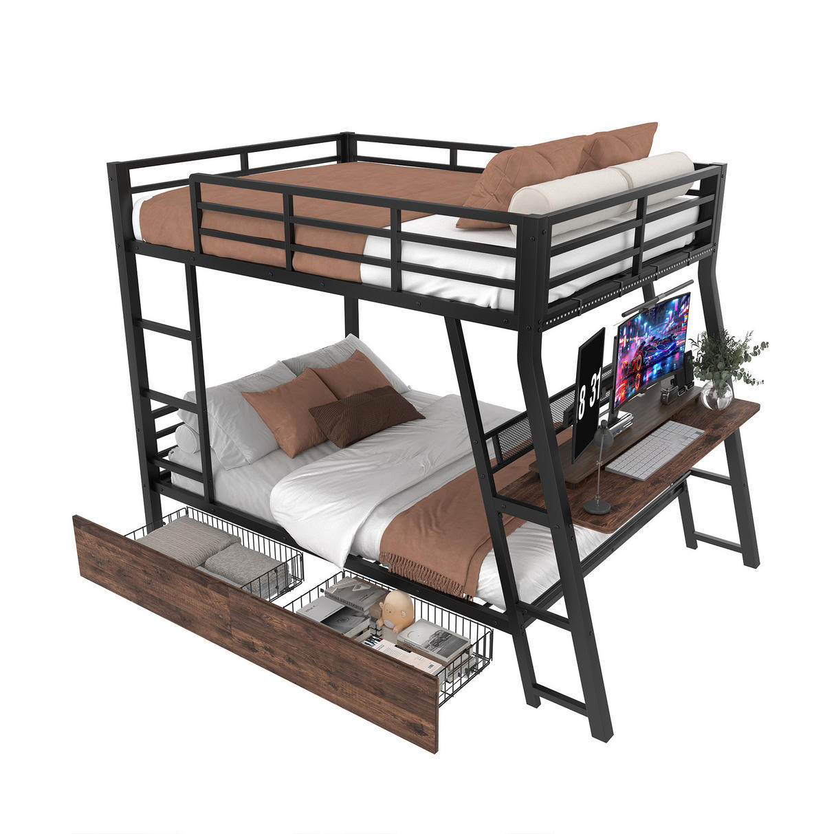HOCHBETT 140/200 cm mit Schreibtisch, LED-Beleuchtung, 2 Schubladen und Treppe, Metallrahmen, Schwarz - Schwarz, Metall (140/200cm) - Redom