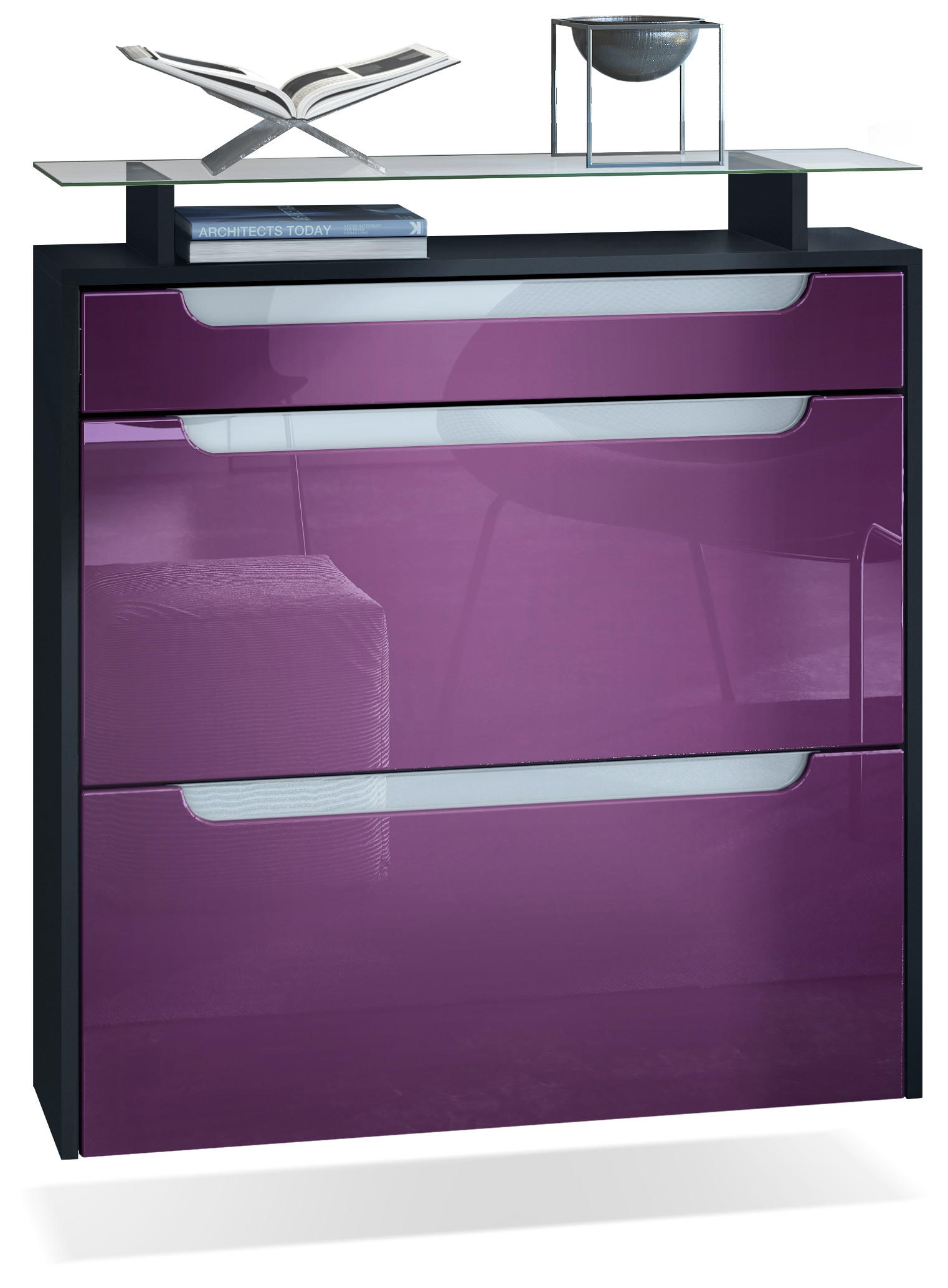 SCHUHSCHRANK Annie Brombeer Hochglanz / Weiß Hochglanz - Weiß Hochglanz/Brombeere, Holzwerkstoff (89/96/23cm) - Vladon