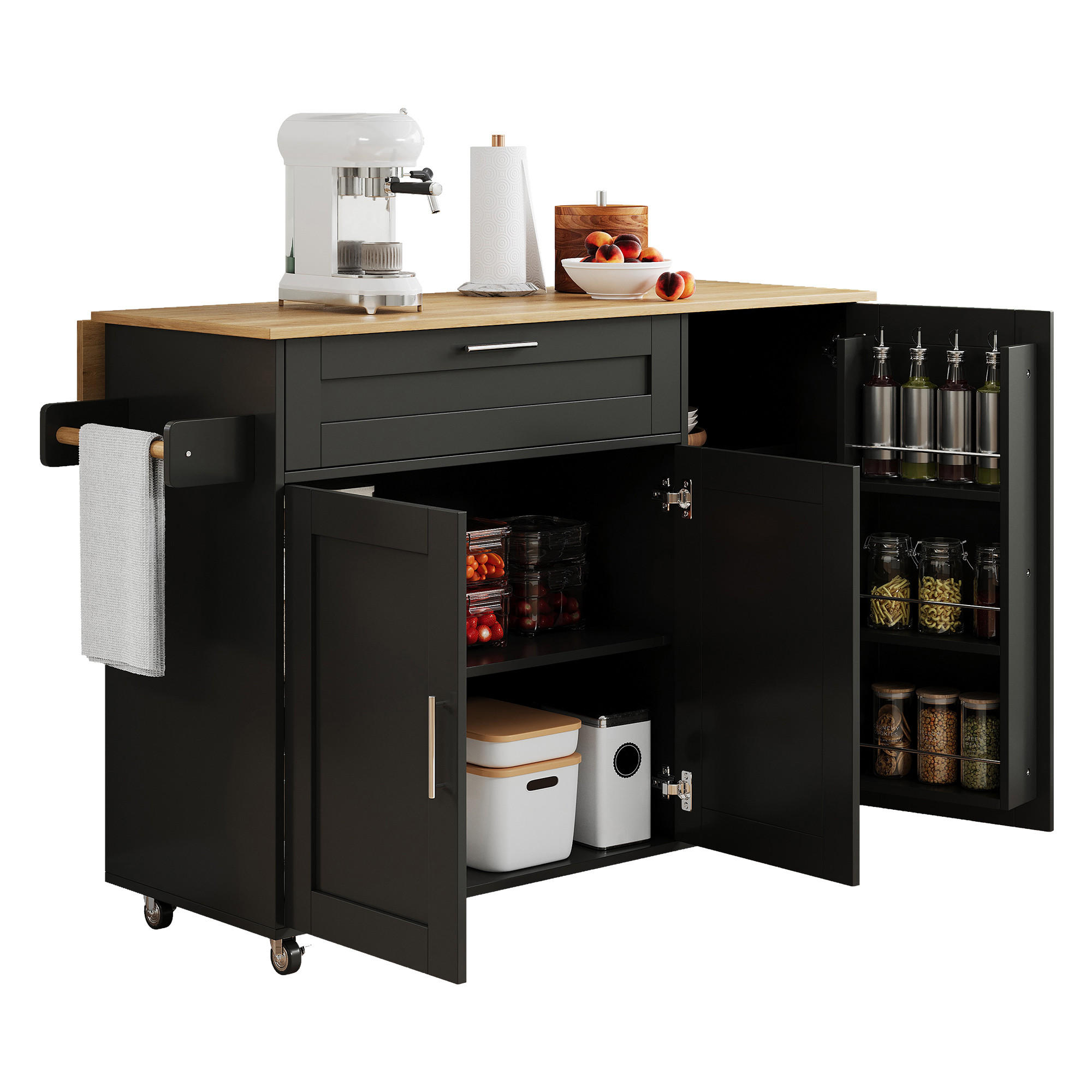 KÜCHENWAGEN 132.5x70x90cm Schwarz Spanplatte mit Klappplatte & Schublade - Schwarz, Holzwerkstoff (132.5/90/70cm) - Modfu