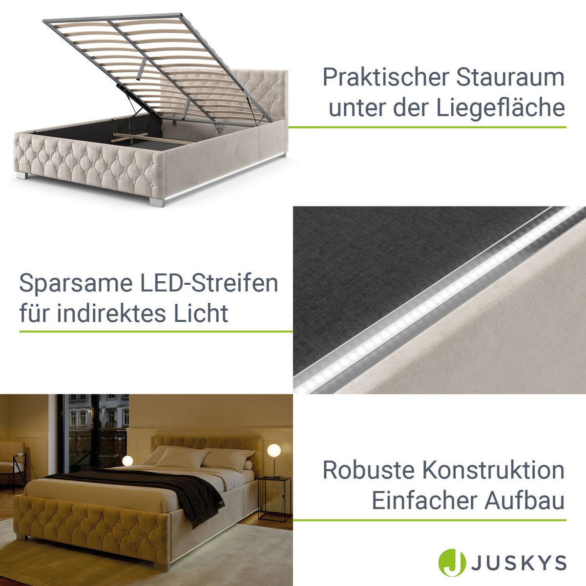 POLSTERBETT Nizza Beige 120x200 cm mit Bettkasten und LED - Beige, Holzwerkstoff (120/200cm) - Juskys