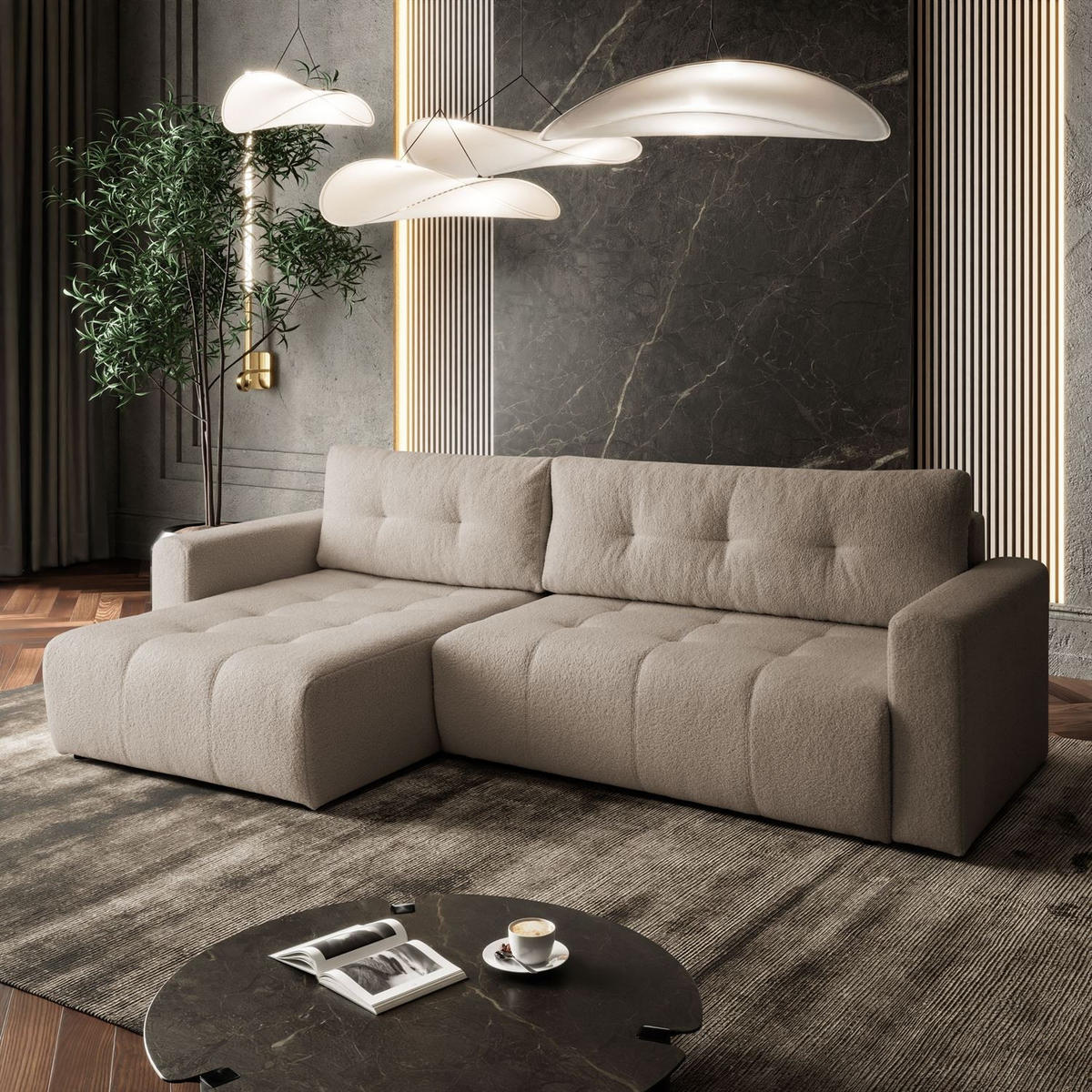 ECKSOFA ASTON mit Schlaffunktion und Bettkasten - Beige, Textil (261/143cm) - Lookway