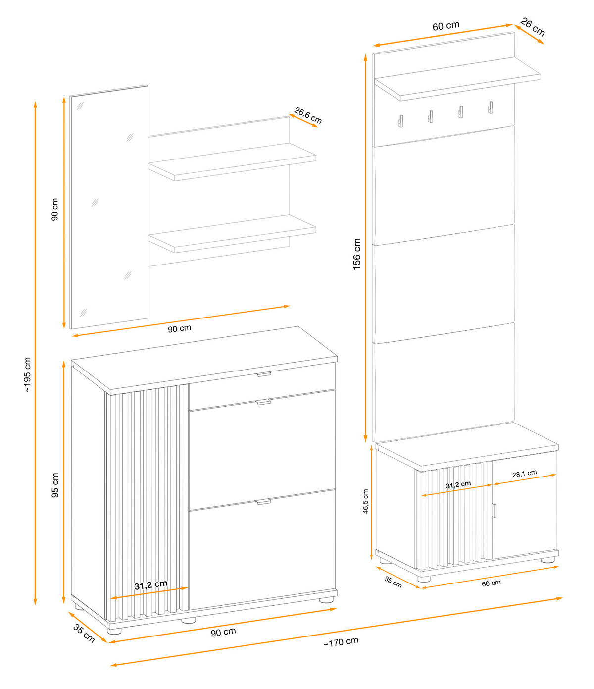 GARDEROBE Set 4-teilig Eiche Jackson, schwarz 250 cm, Garderobenkombination mit 3D-Lamellen - Eichefarben/Schwarz, Holzwerkstoff/Kunststoff (160/202/35cm) - Furn.Design