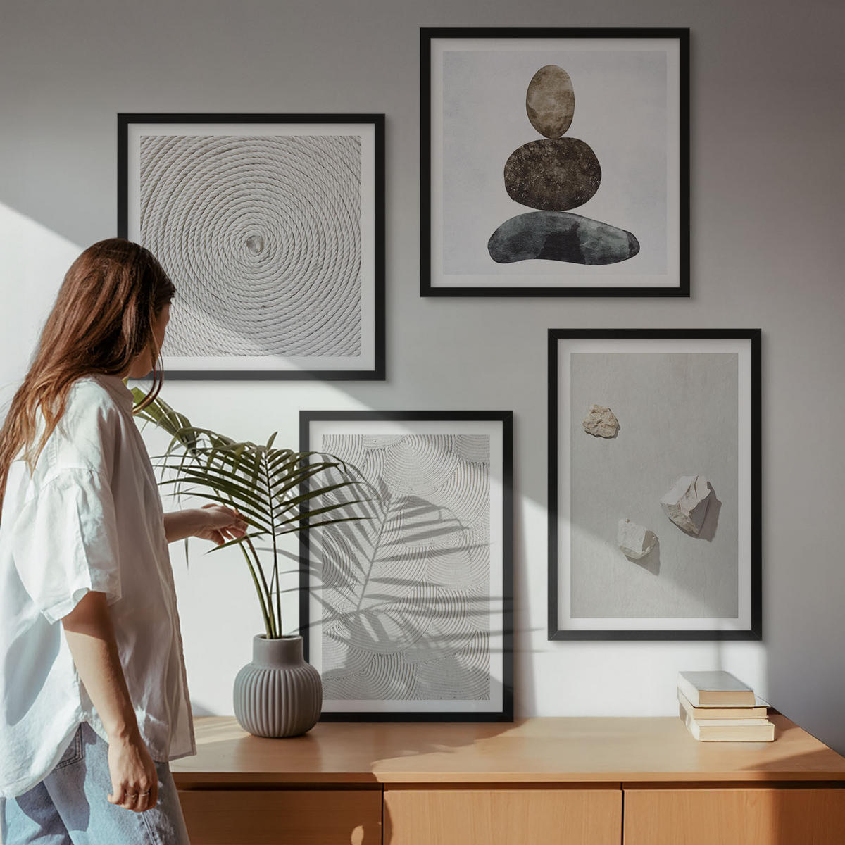 BILDER SET 4er Set - 50x50 cm & 40x60 cm Schwarzer Rahmen - Sandsteine moderne Farbe - Schwarz, Kunststoff (50/50cm) - TULUP