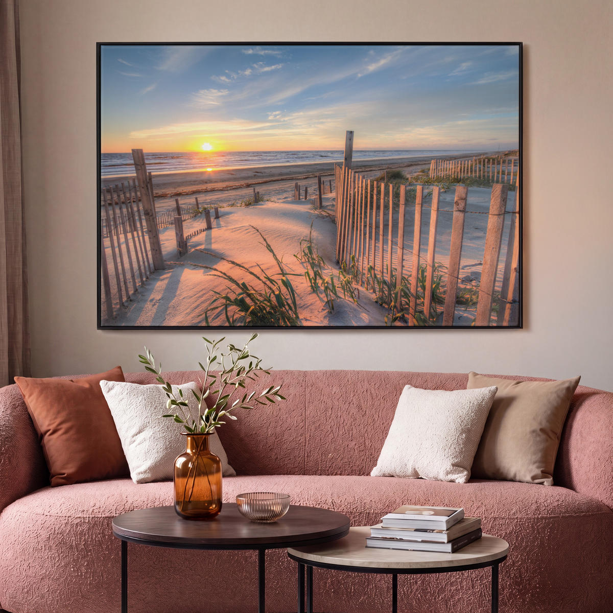 LEINWAND Bilder mit Rahmen - Strand - Meer - Düne - Sonnenuntergang - Landschaft - 120x80 - Beige, Textil (120/80cm) - MuchoWow
