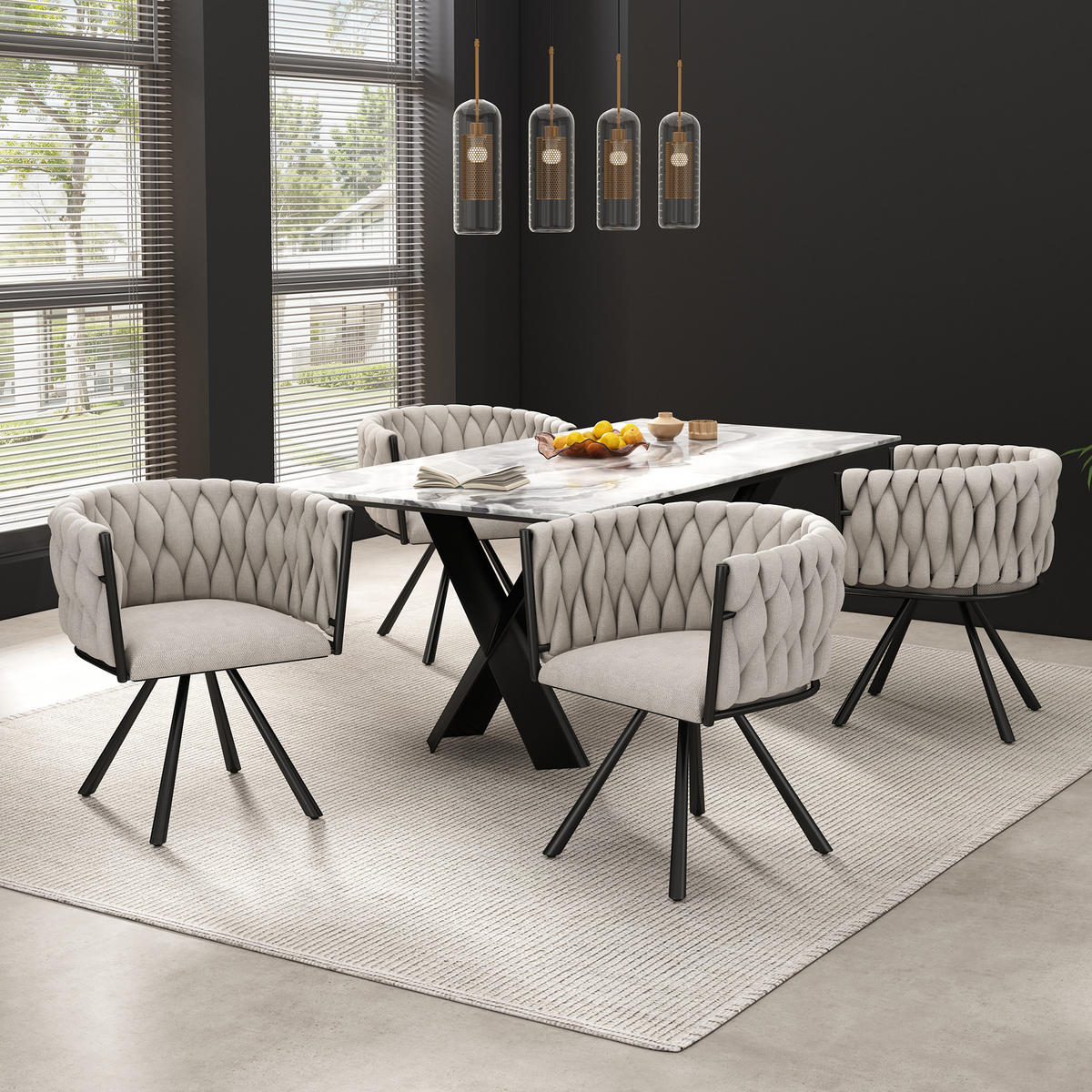 ESSZIMMERSTUHL 2er Set Leinen Drehstuhl Beige Schwarz Metall - Multicolor, Naturmaterialien (53.5/72/60cm) - FLIEKS