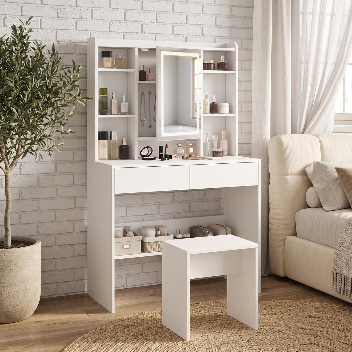 TOALETNÍ stolek MDF bílý - bílá, kompozitní dřevo (40/144.7/90cm) - HOMCOM