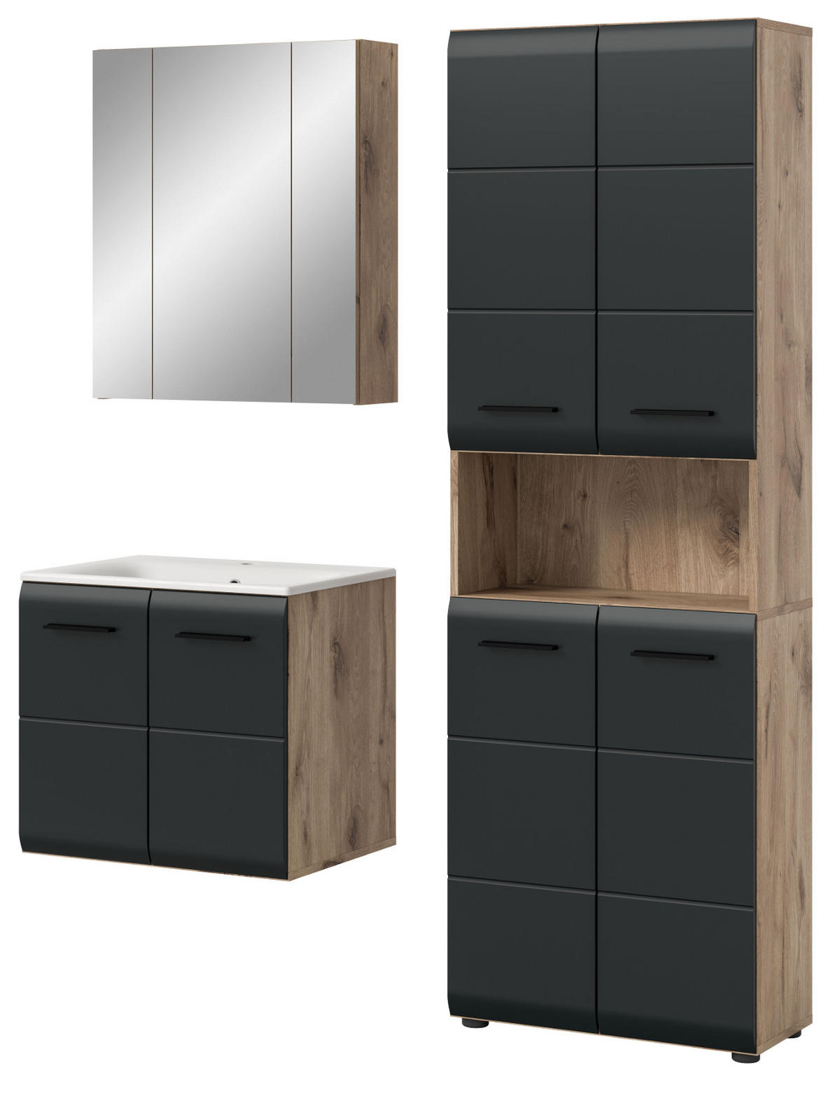 BADMÖBEL-SET 3-teilig schwarz matt, Nox Eiche, Badkombination 135 cm inklusive Waschbecken - Eichefarben/Schwarz, Glas/Holzwerkstoff (135/185/46cm) - Inn.Furn