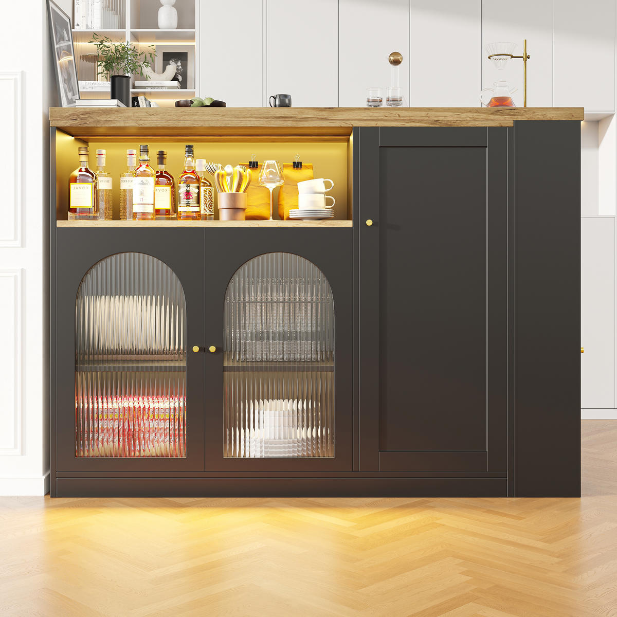 ESSZIMMERSCHRANK aus MDF 197 x 39,6 x 100 cm in Schwarz mit 360° Drehplatte & LED - Schwarz, Holzwerkstoff (197/100/39.6cm) - Modfu