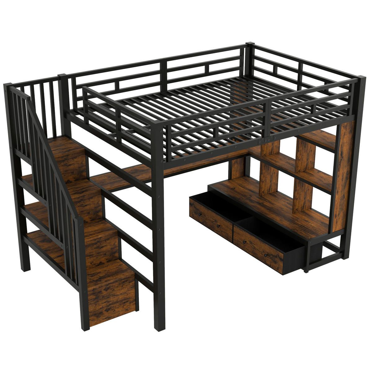 HOCHBETT 140/200 cm mit Schreibtisch, Regalen, 2 Schubladen, Stauraumtreppe und LED-Beleuchtung, Schwarz - Schwarz, Holzwerkstoff (140/200cm) - Redom