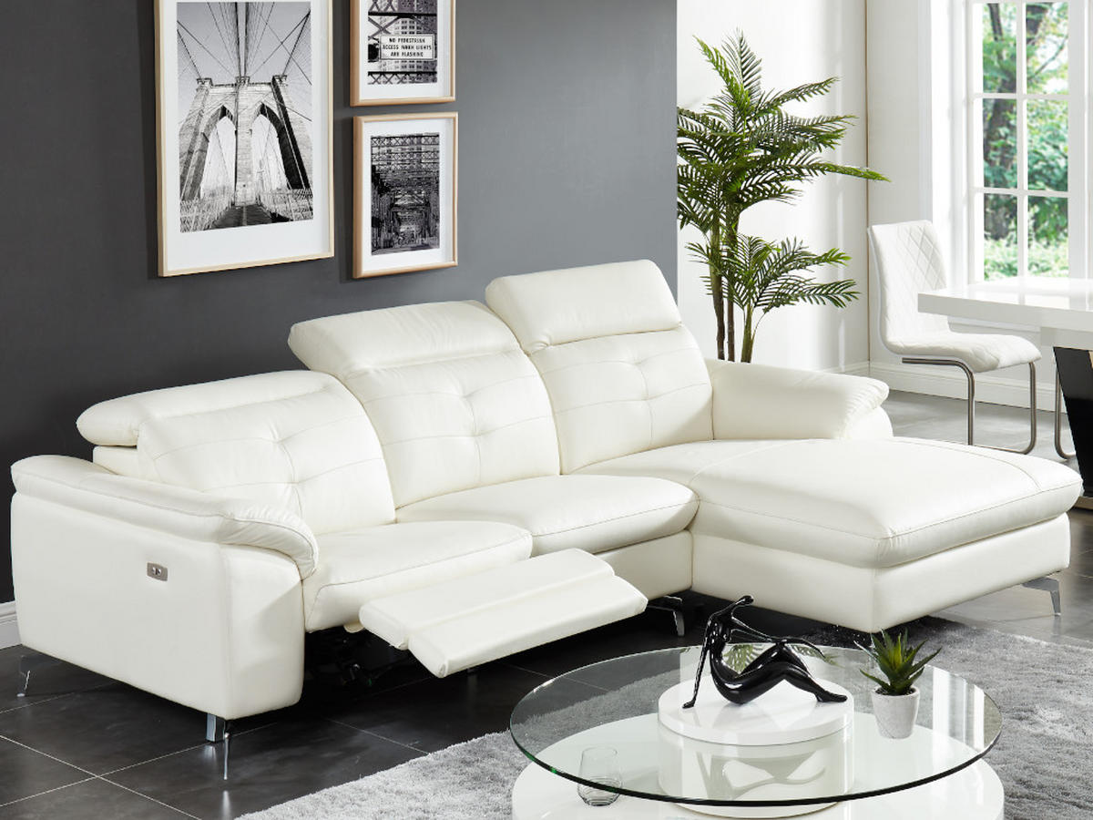 RELAXSOFA Ecksofa Leder - Ecke Rechts - Elfenbein - LISMORE - Weiß, Leder (170/250cm) - Vente-Unique