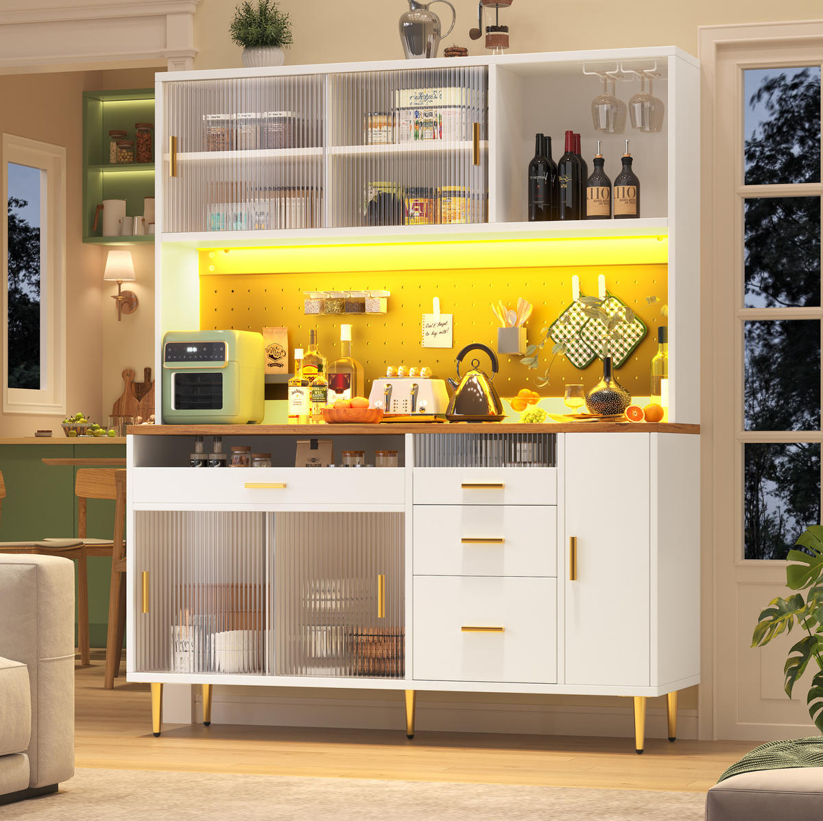 BUFFET 145/39/171 cm aus MDF und Glas mit App-steuerbarer LED-Beleuchtung Weiß - Weiß, Holzwerkstoff (145/171/24cm) - Modenvie