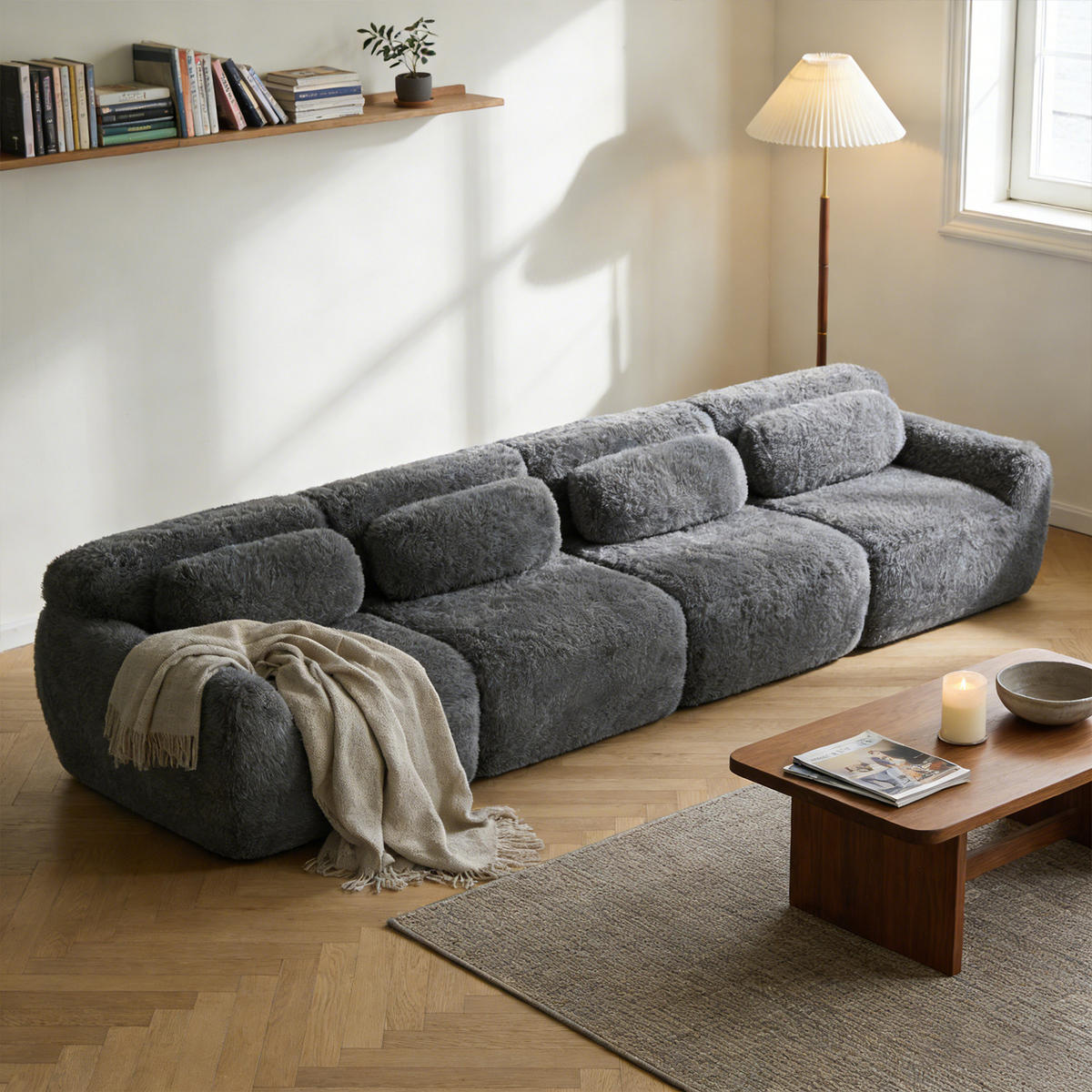 SOFA Modulares 4-Sitzer, keine Montage erforderlich, Webpelz-Bezug, Grau - Grau, Textil (104/73/378cm) - Meubles Cosy