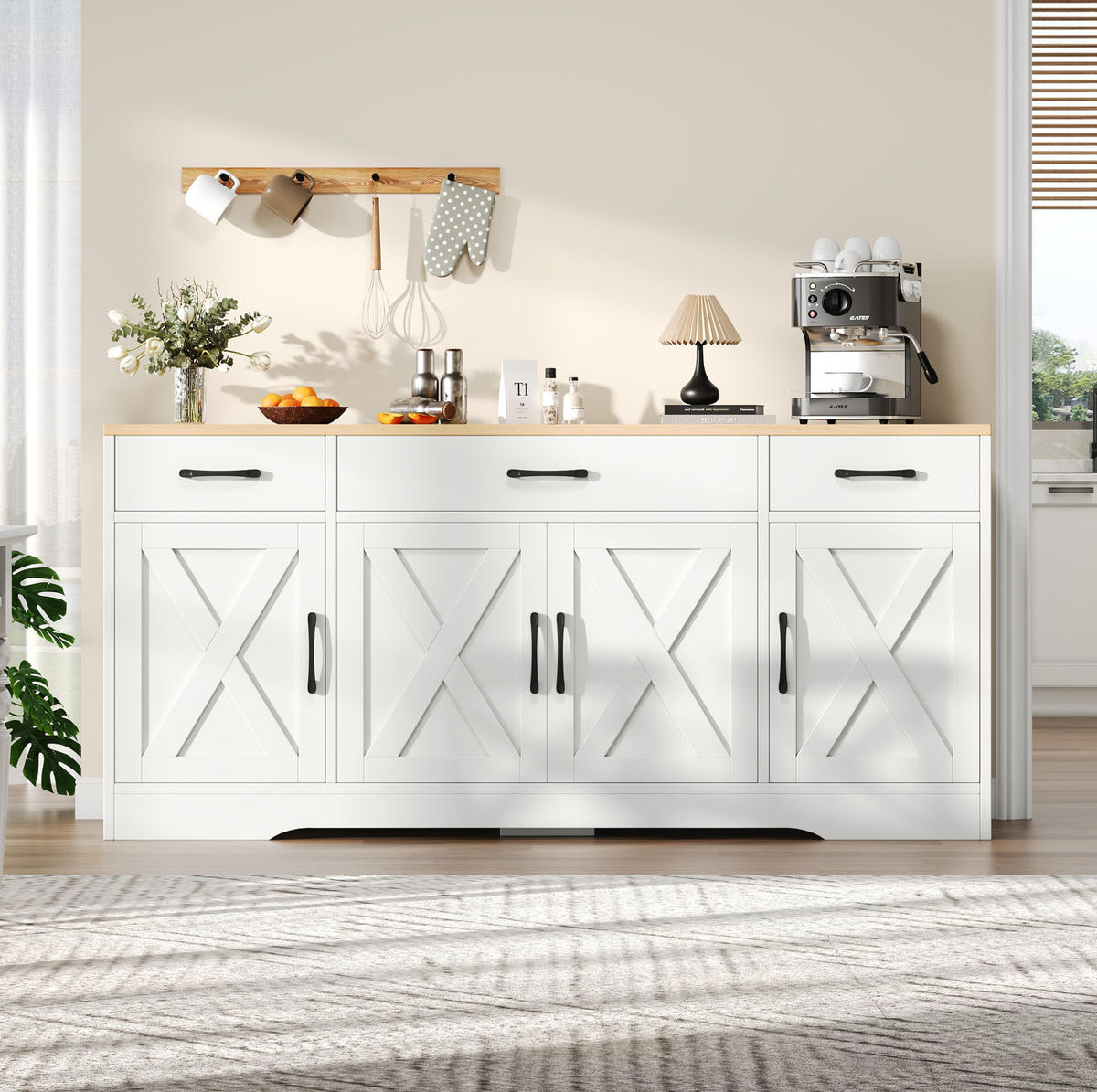 SIDEBOARD z MDF, 160/37/75 cm bílá s dekorem dřeva a 3 zásuvkami - bílá, kompozitní dřevo (160/75/37cm) - Modenvie