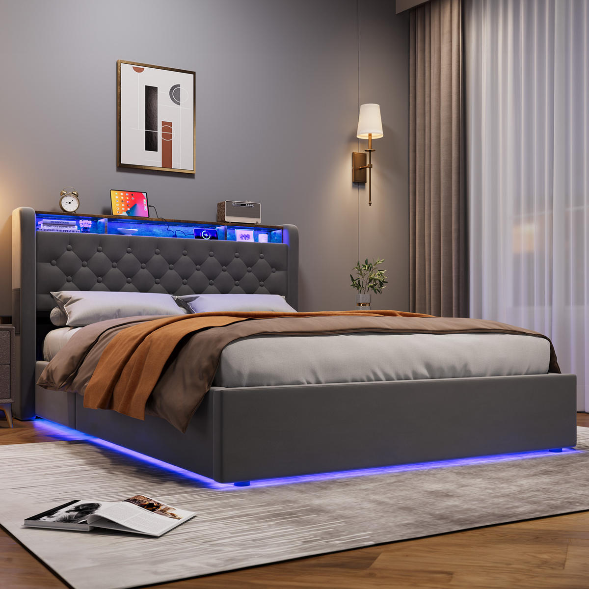 POLSTERBETT 140/190 cm mit hydraulischem Bettkasten, Schubladen, Klappbares Kopfteil, LED-Beleuchtung, Grau - Grau, Textil (140/190cm) - Redom