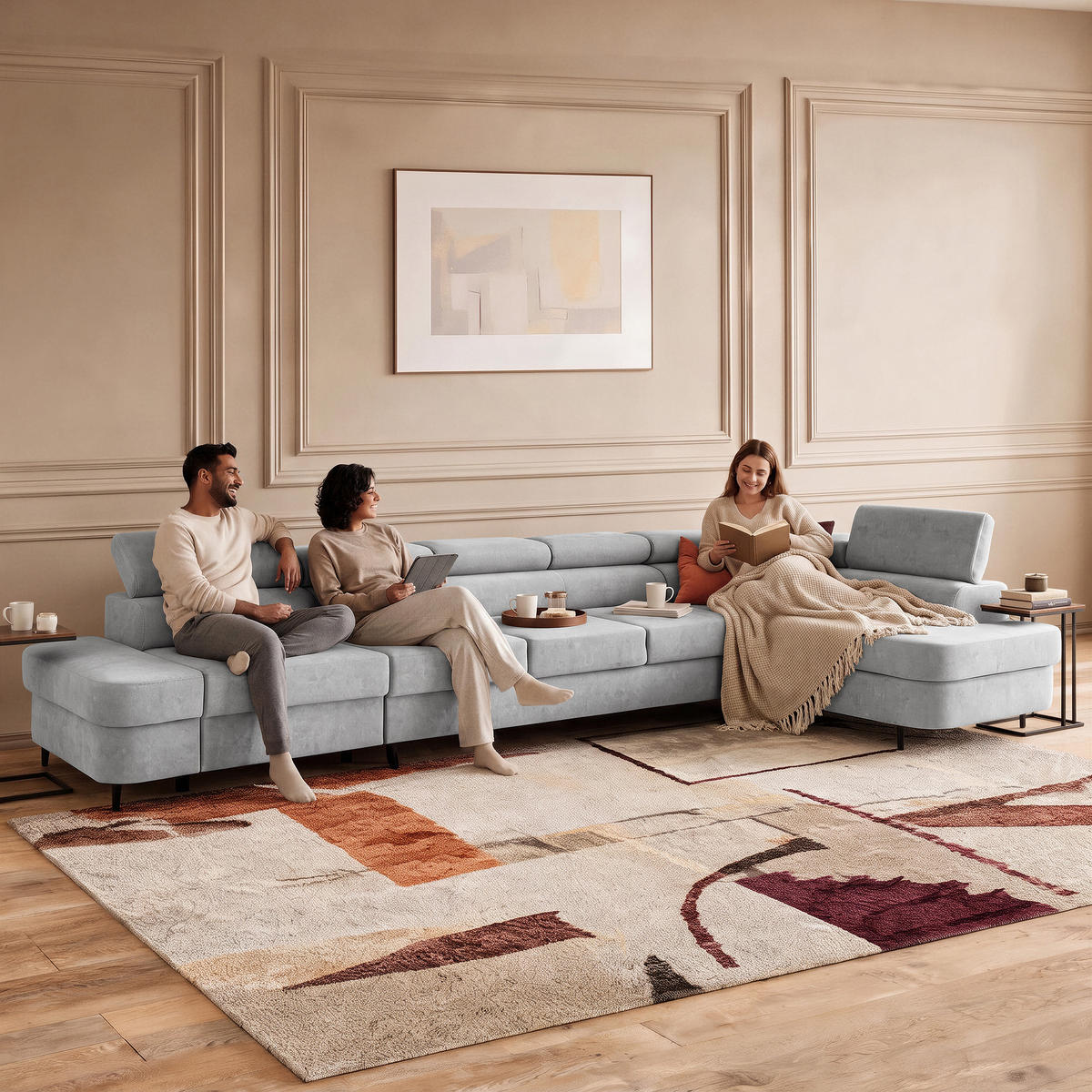 ECKSOFA PRIAM XXL L-Form Rechts mit Schlaffunktion 125x265 Velours Hellgrau - Hellgrau/Schwarz, Holz/Textil (420/203cm) - Muffo