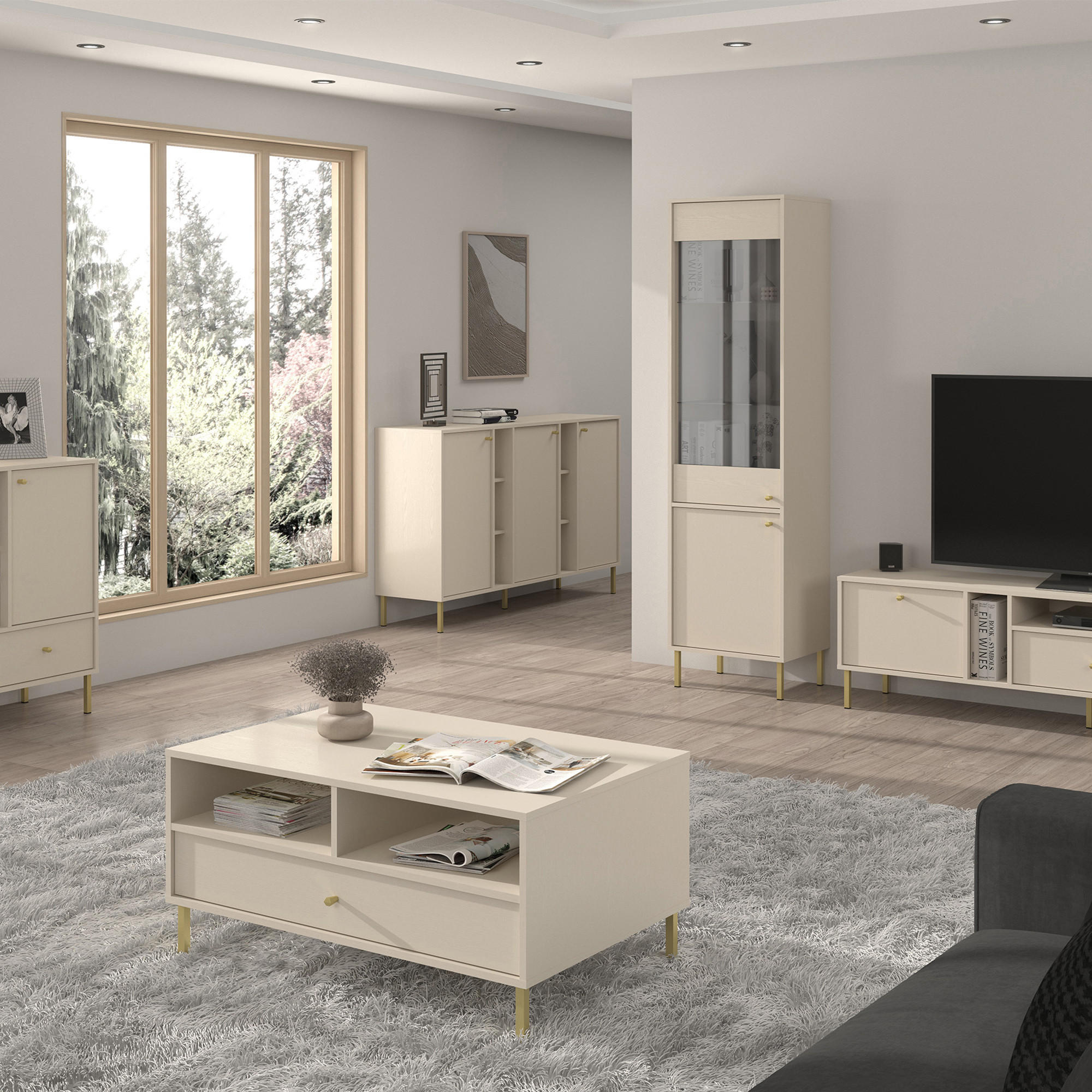 KOMMODE FLOREN, Creme/Gold - Creme, Holzwerkstoff/Metall (157.7/95/40.8cm) - KONSIMO®