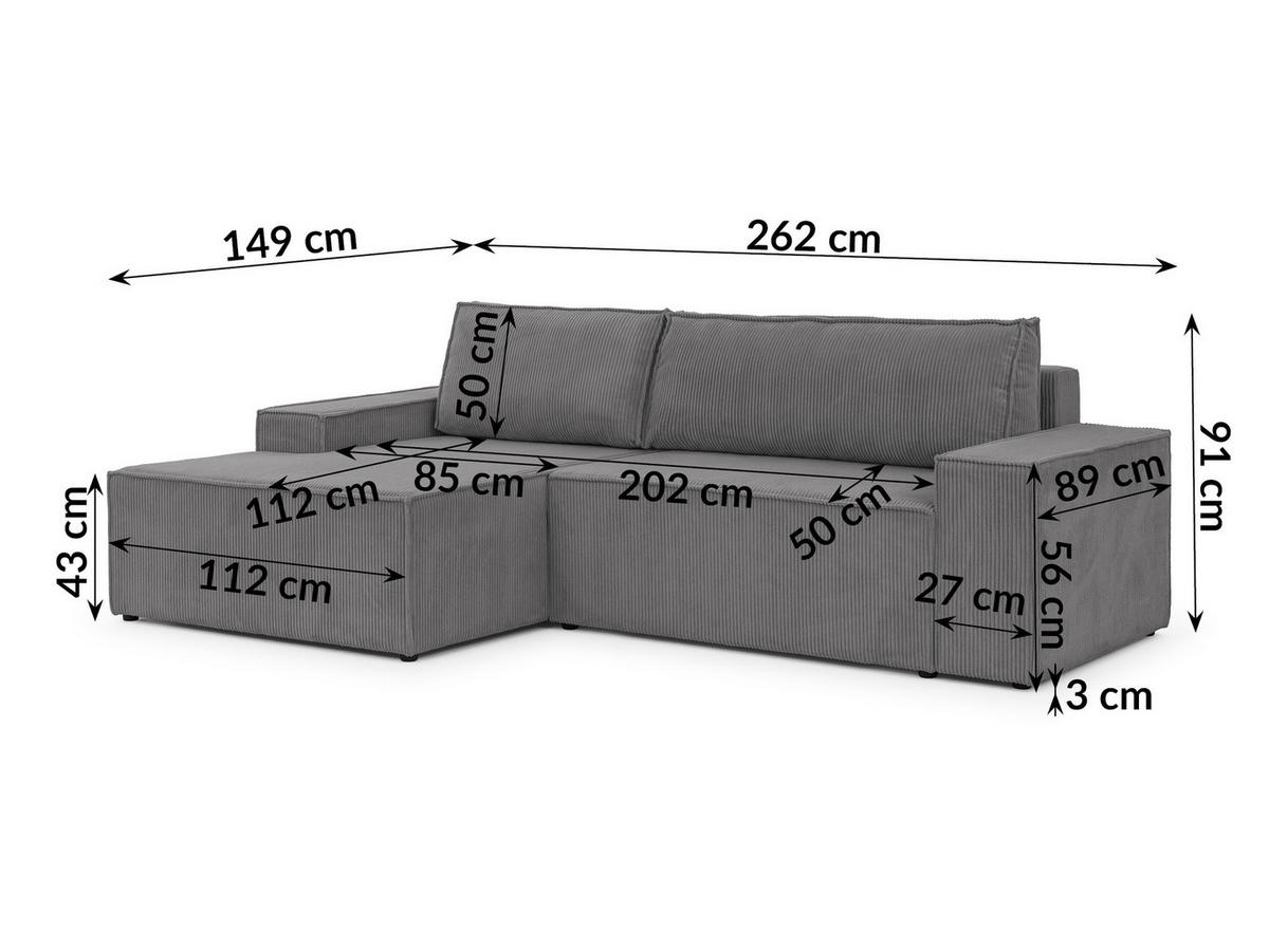 ECKSOFA Rivio mit Schlaffunktion und Bettkasten, Cordstoff Grau - Schwarz/Grau, Holz/Kunststoff (149/262cm) - S-Style
