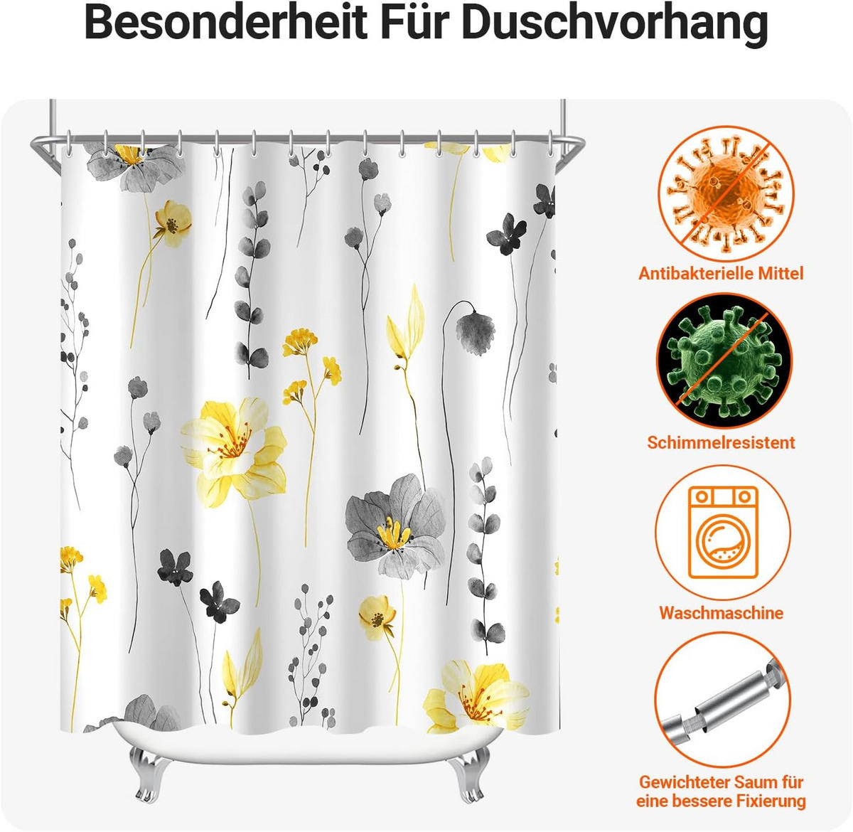 DUSCHVORHANG Blumen Muster beschwerter Saum schimmelresistent wasserabweisend waschbar Polyester fürs Badezimmer Badewanne - Weiß, Textil (200/180cm) - MCBOSON