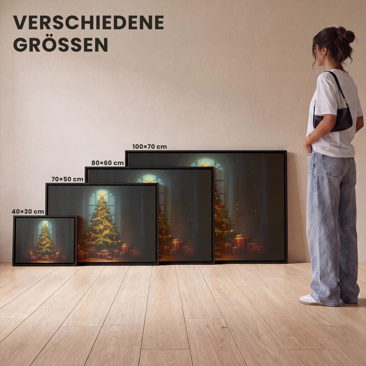 LEINWAND Bilder mit Rahmen - Weihnachtsbaum - Geschenk - Winter - 80x60 - Grün, Textil (80/60cm) - MuchoWow
