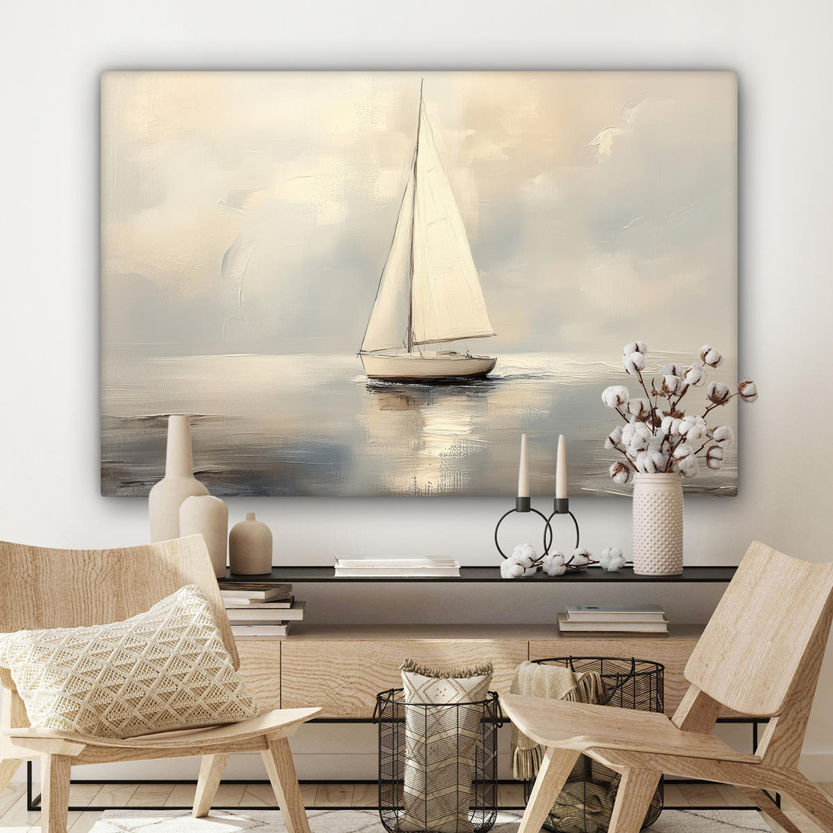 LEINWANDBILD Segelschiff - Meer - Bewölkt Wohnzimmer Groß 120x80 cm - Creme, Textil (120/80cm) - MuchoWow