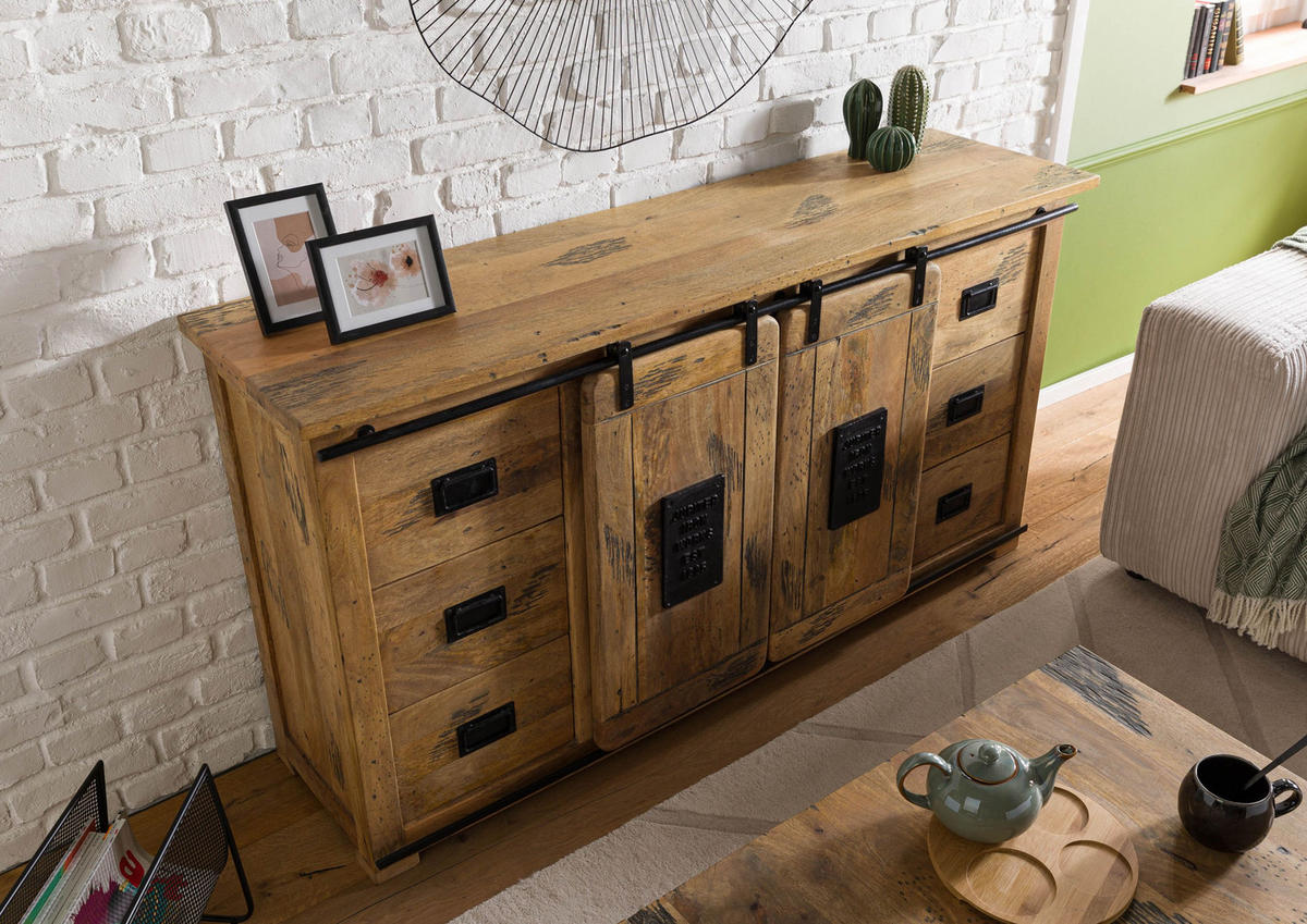 SIDEBOARD Mango 170x45x90 natur lackiert RAILWAY #193 - Braun, Holz (170/90/45cm) - Massivmoebel24