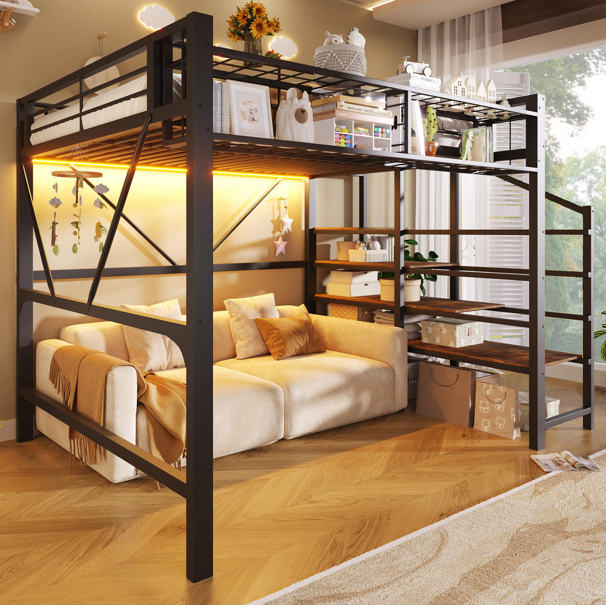 HOCHBETT 140x200 cm in Schwarz mit LED-Beleuchtung und Stauraumtreppe - Schwarz, Holzwerkstoff (140/200cm) - IVMEU