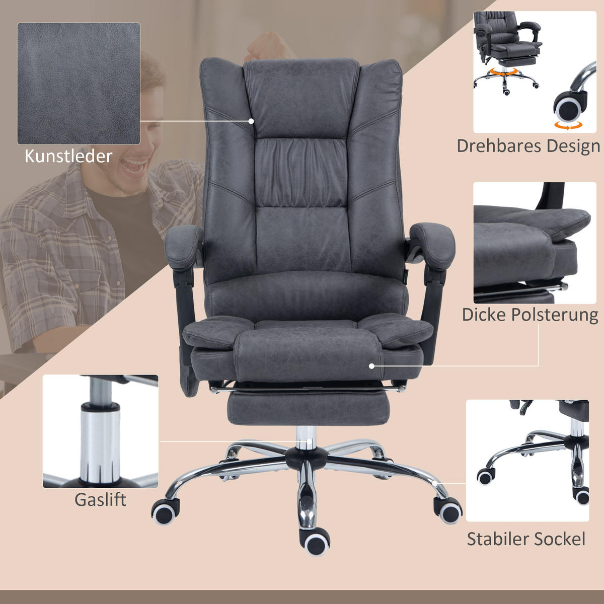 MASSAGE-BÜROSTUHL, Dunkelgrau - Dunkelgrau, Textil (70/118/64cm) - Vinsetto