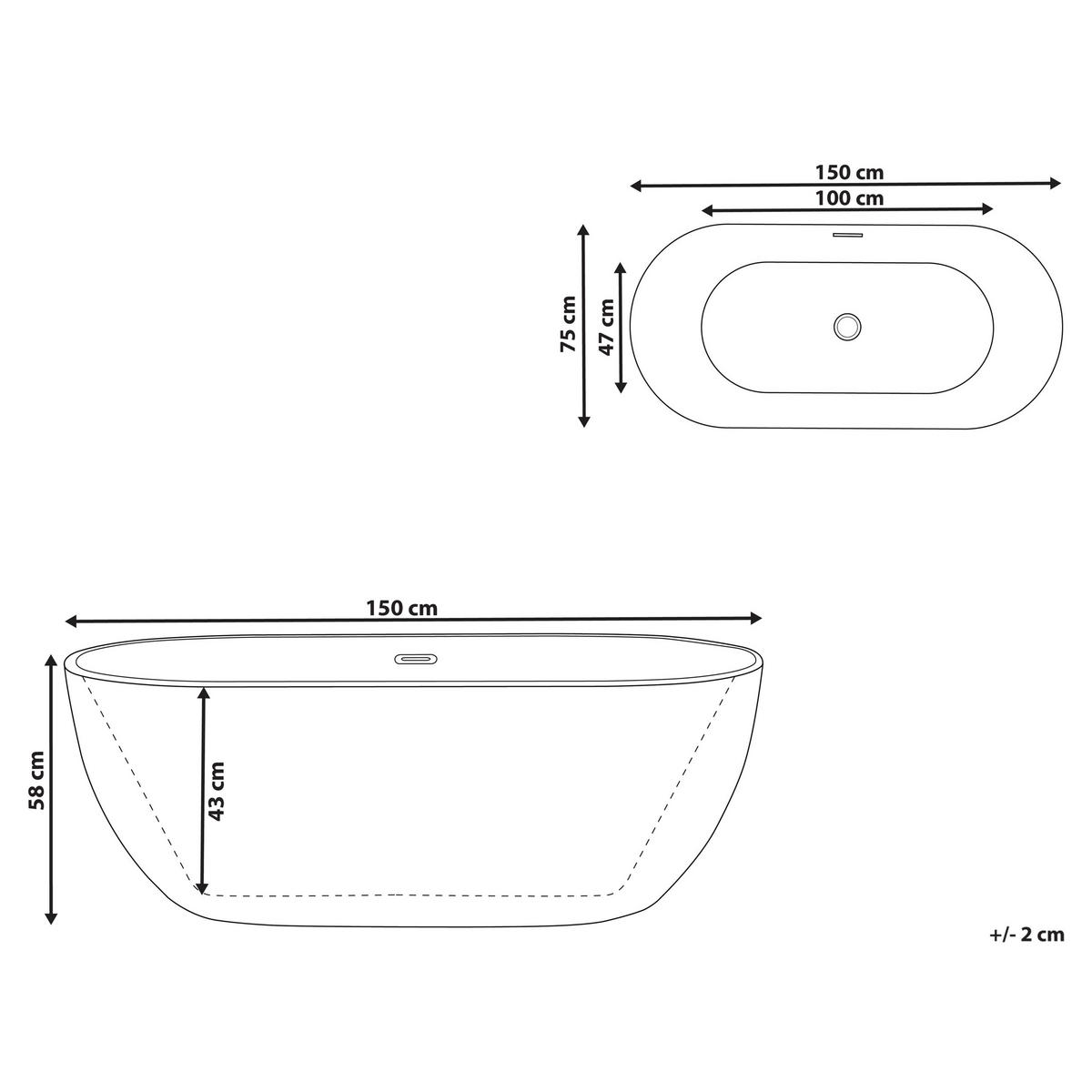 BADEWANNE FREISTEHEND 75x150x58 cm weiß Carrera - Weiß, Kunststoff (75/58/150cm) - Beliani