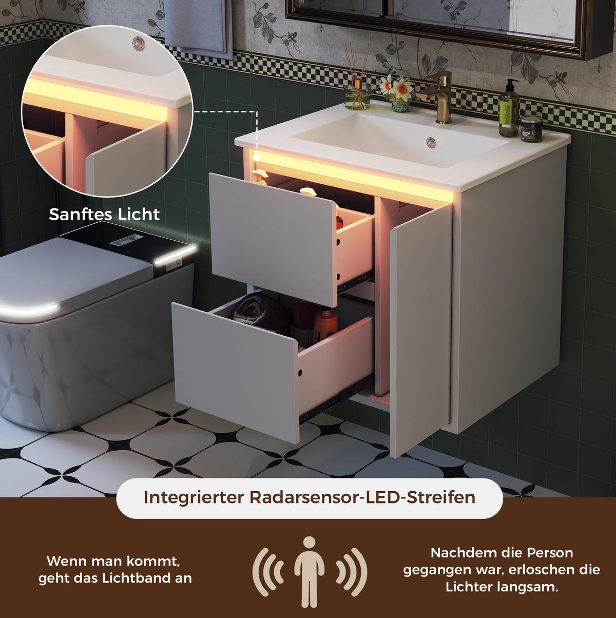 WANDWASCHTISCH aus MDF und Keramik 61x46,5x57 cm Weiß mit LED-Radarsensorleuchte und Soft-Close - Weiß, Keramik (61/57/46.5cm) - Modfu