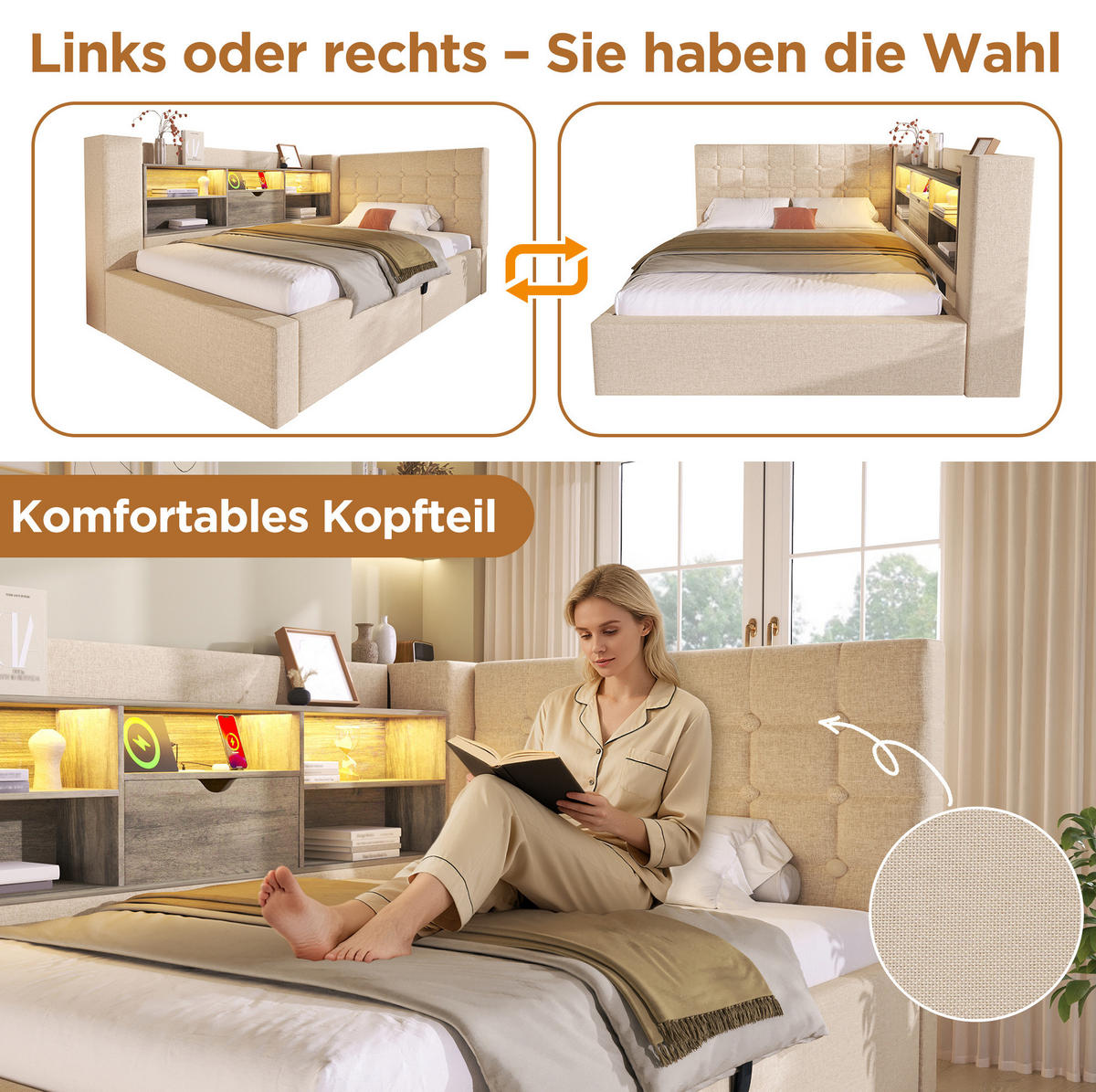 POLSTERBETT aus Leinenstoff 140x190 cm Beige mit LED-Beleuchtung, Ladeanschlüssen und Stauraum - Beige, Textil (140/190cm) - IVMEU