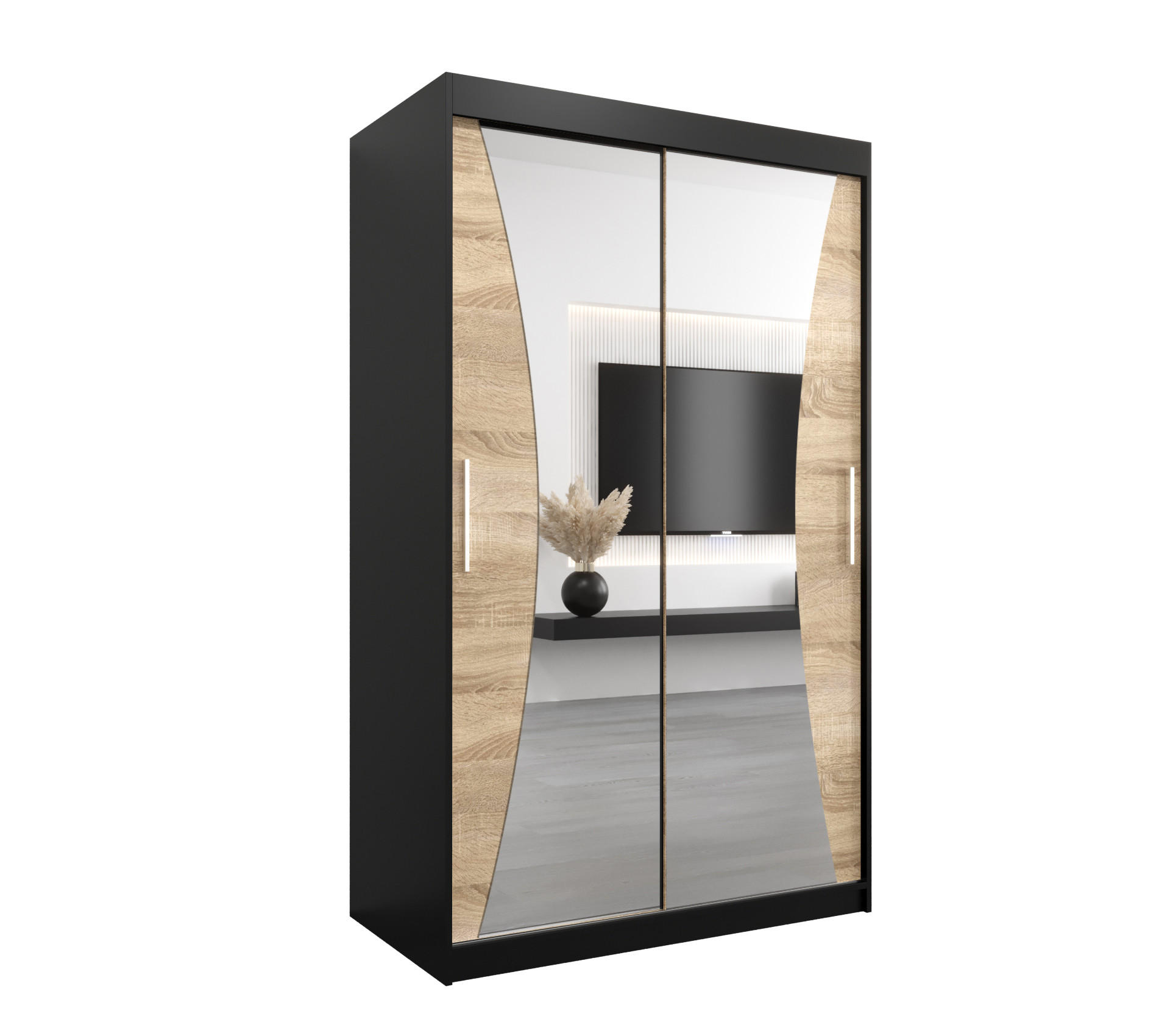 Abiks Möbel Schwebetürenschrank Schwarz, Sonoma Eiche 120x200x62 cm