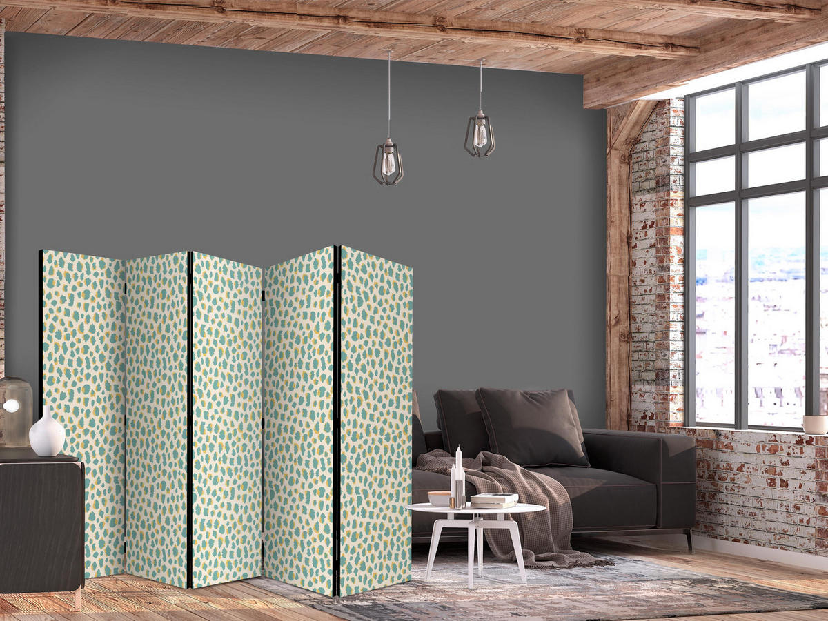 PARAVÁN Akustický 5-dielny 225x172 cm Tyrkysové Bodky - zelená, drevo/textil (225/172/3cm) - Muralo