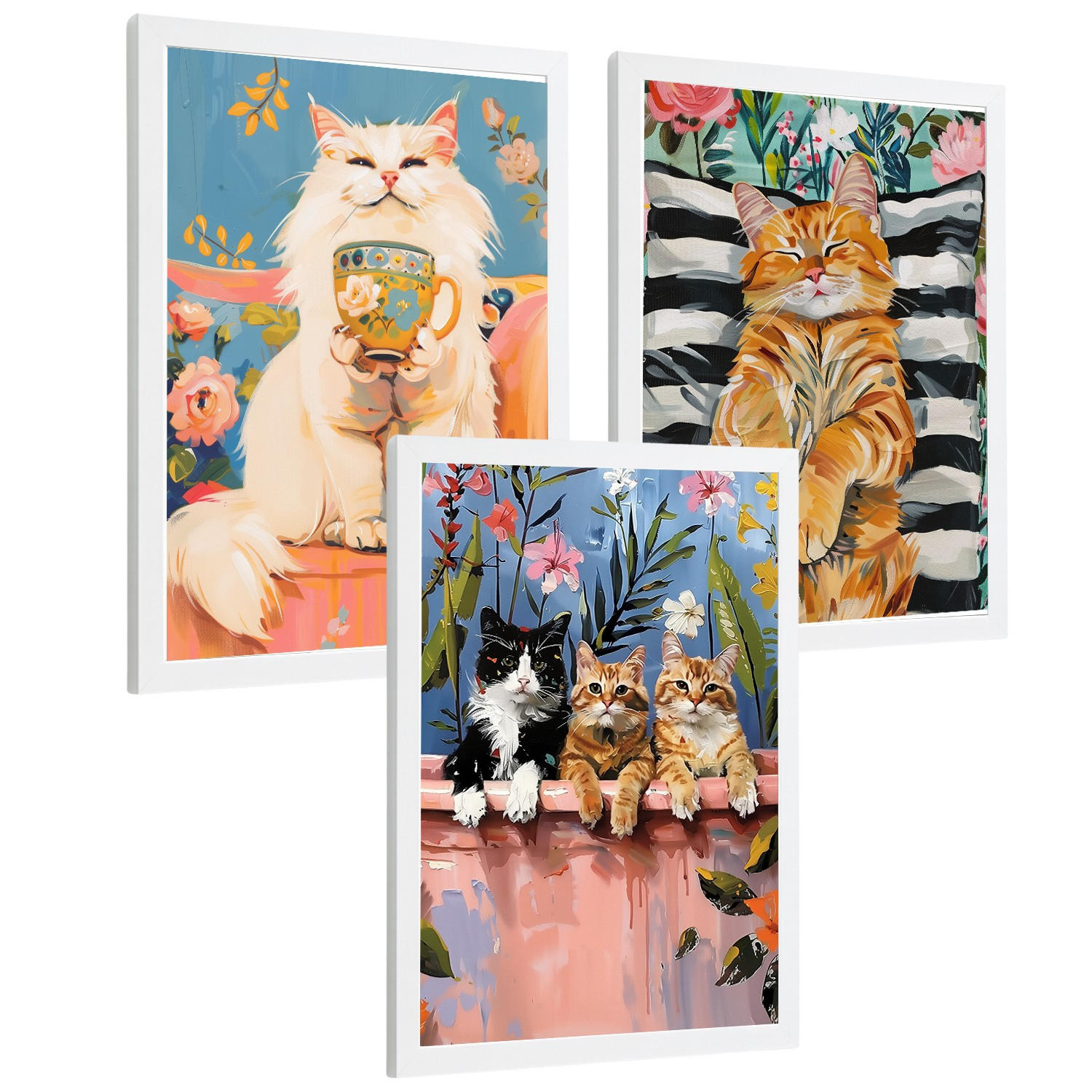 POSTER 3er Kunstdruck-Set Wandbilder Katzen modern Wohnzimmer Deko, Schlafzimmer, Küche, Badezimmer Weißer Rahmen A4 - Weiß, Papier (29.7/1/21cm) - Nacnic