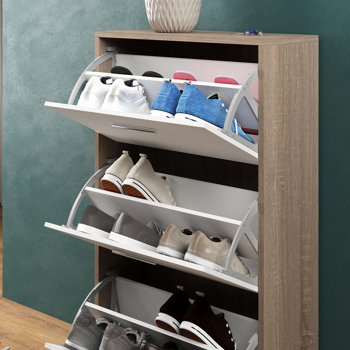 SCHUHKIPPER Gizmo Weiß/Sonoma 59 x 105 cm - Weiß/Sonoma Eiche, Holzwerkstoff (59/105/22cm) - Vicco