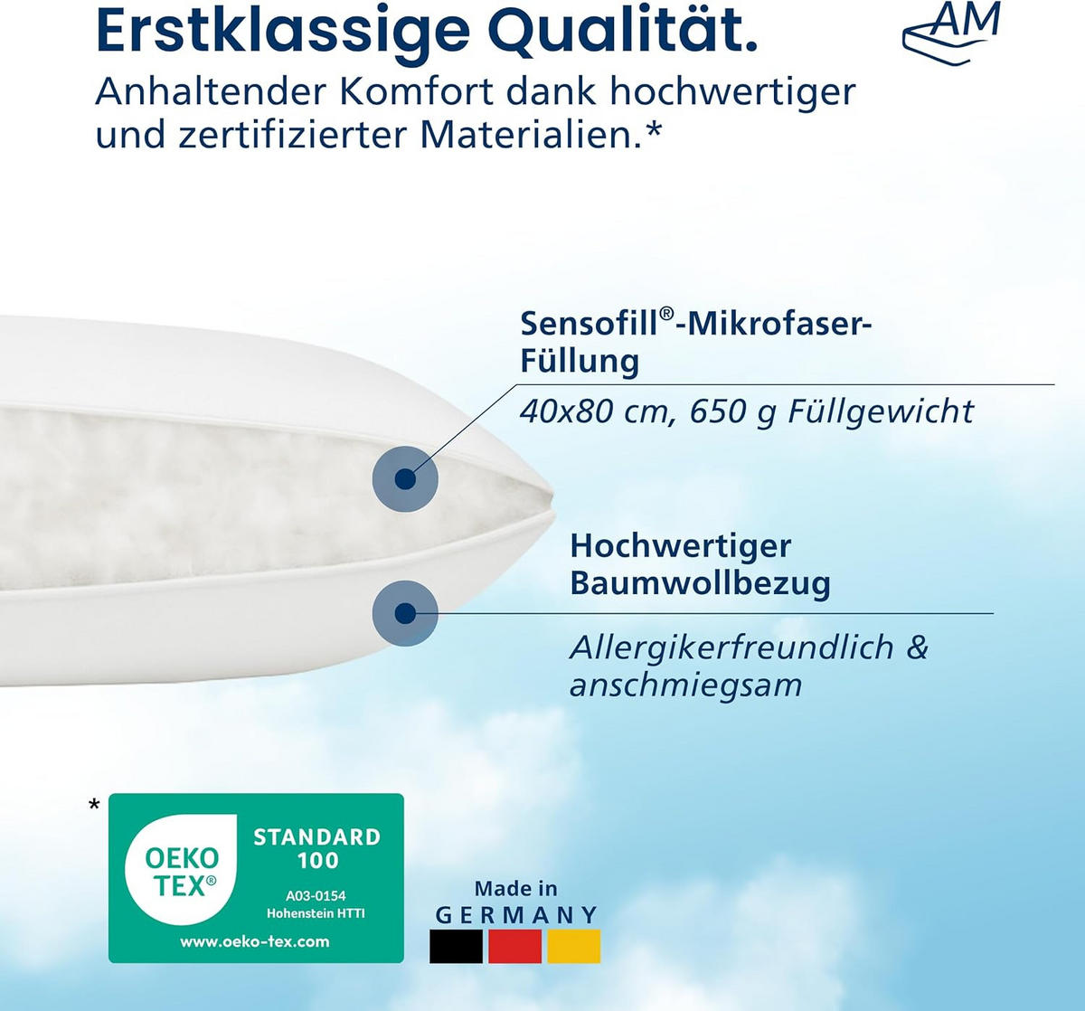 AM Qualitätsmatratzen Premium Mikrofaser Kopfkissen mit Sensofill Füllung Made in Germany 40x80cm - Weiß, Textil (40/80cm) - AM Qualitätsmatratzen