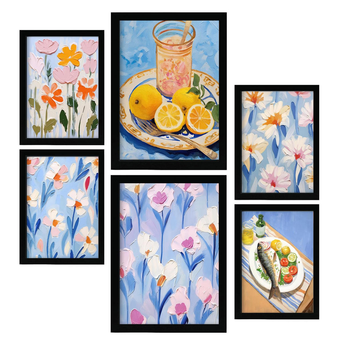POSTER Set Mit 6 Blauer Sommer In Foodies A3 & A4 Schwarzer Rahmen - Schwarz, Papier (29/3cm) - Nacnic